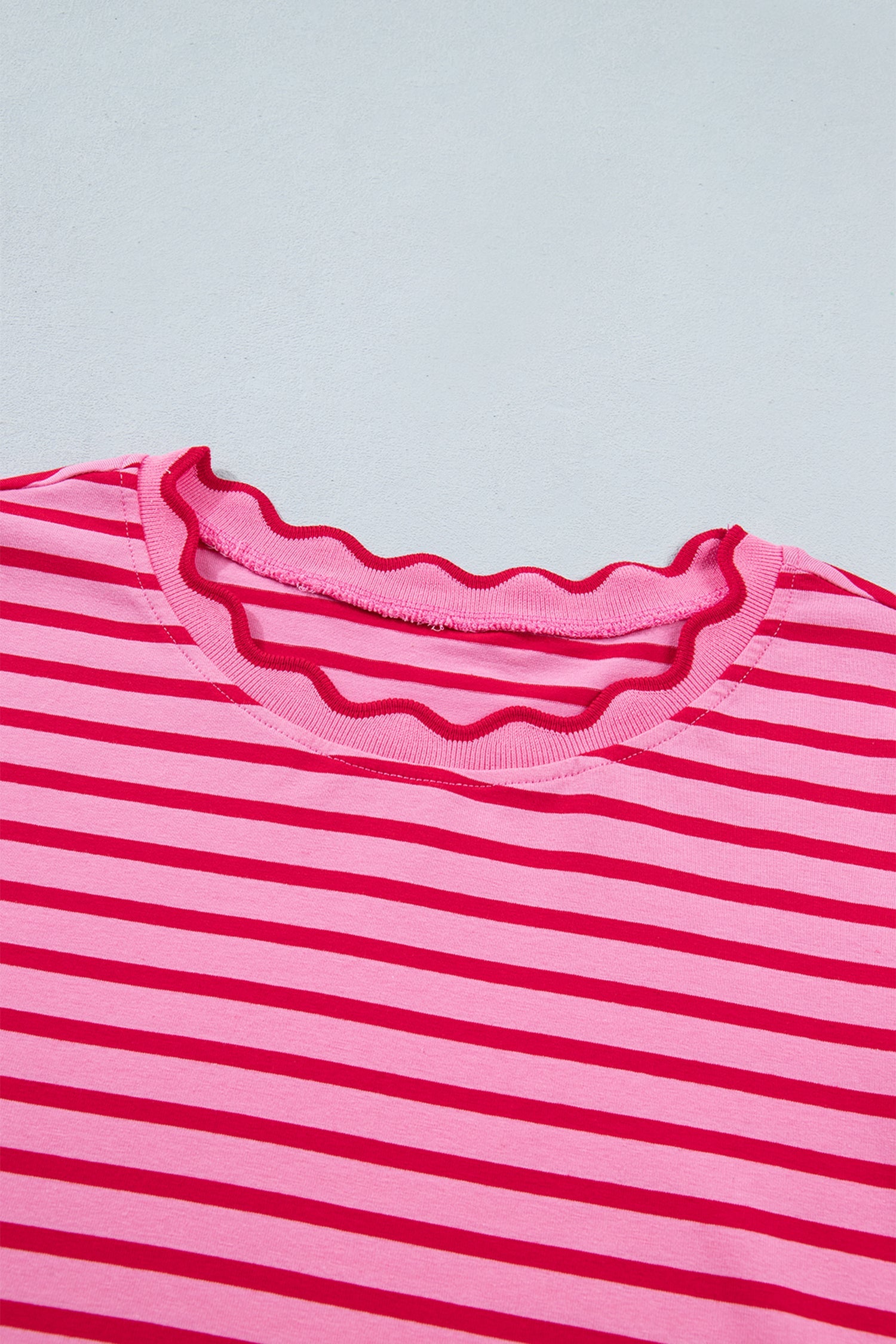 Stripe Scallop Trim Round Neck T-Shirt