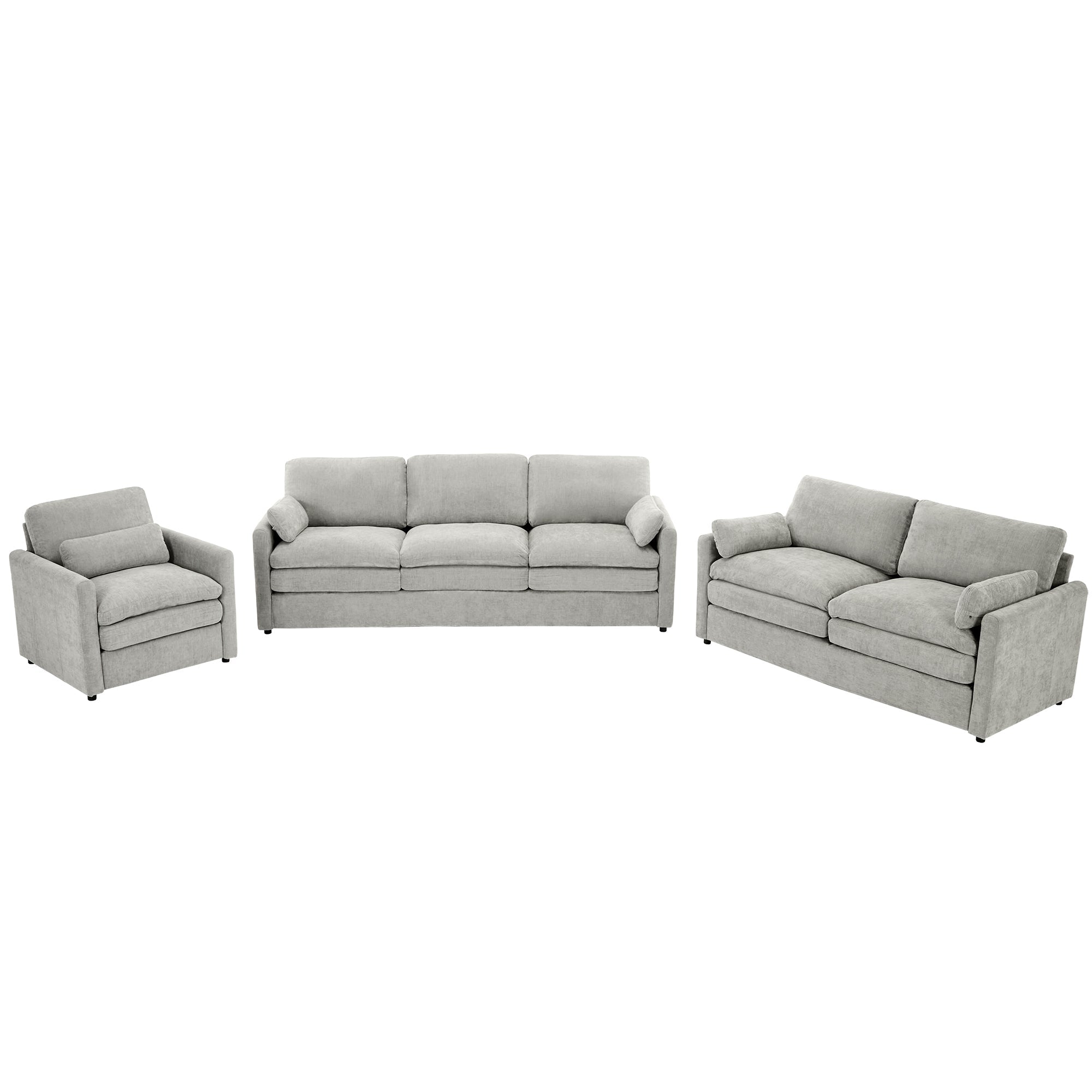 Cozy Upholstered Sofa Set with Double Cushion Design, Light Grey Chenille Fabric, Modern Living Room Couch