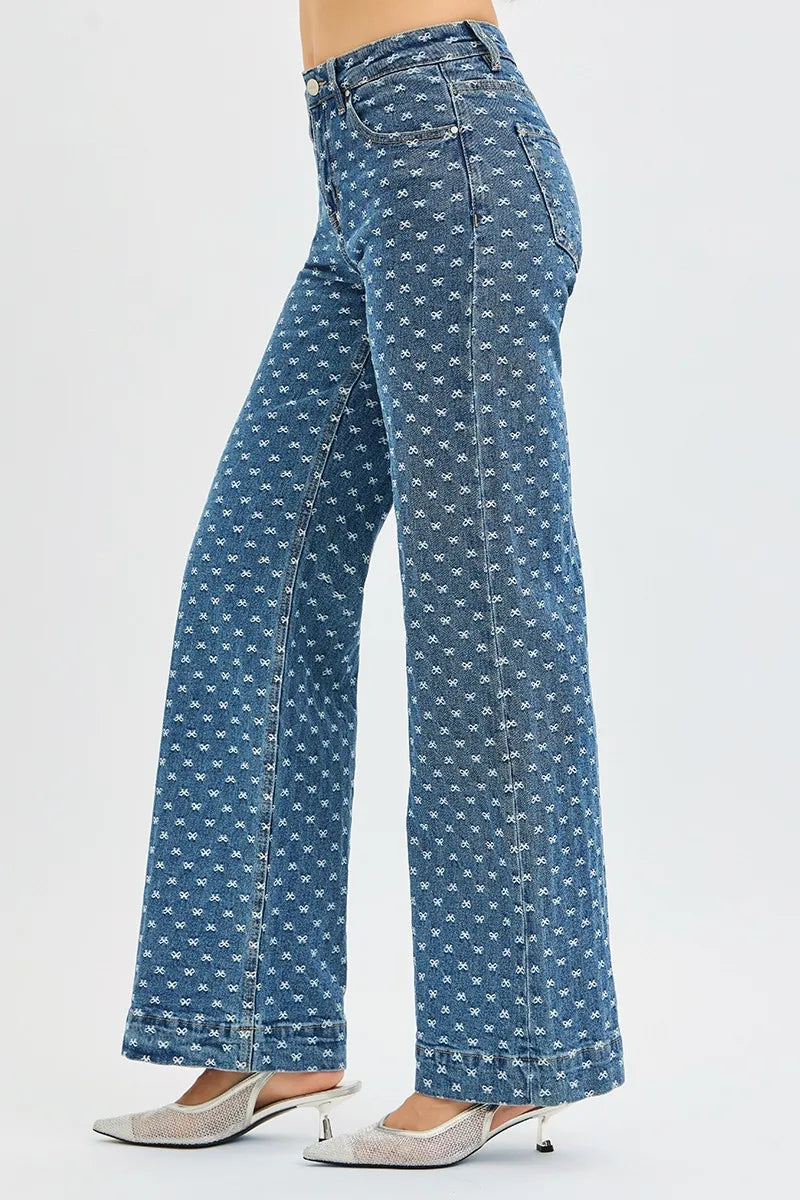 Risen High Rise Wide Leg Bow Embroidered Jeans For Women