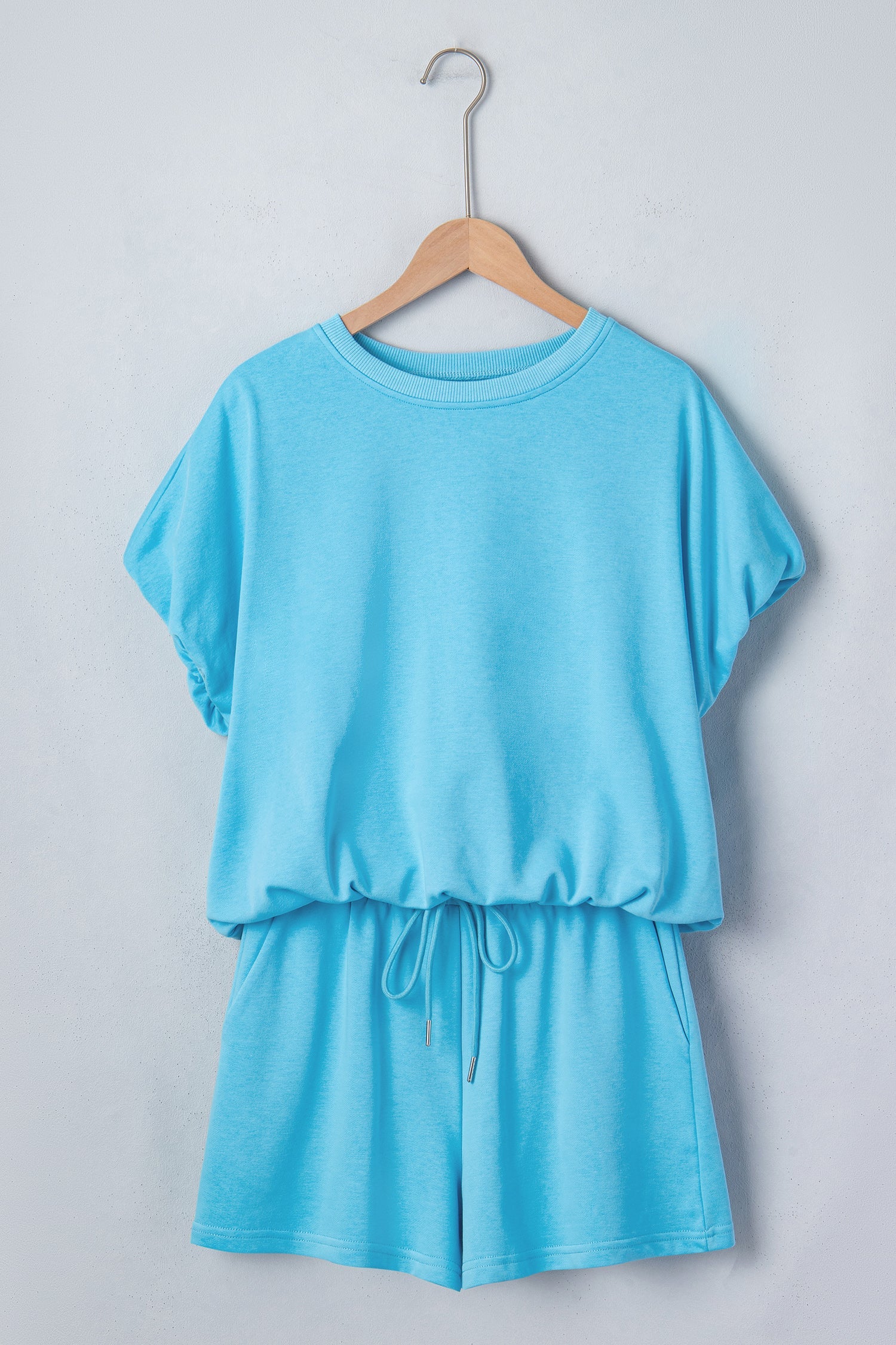 Solid Puff Sleeve Top & Drawstring Shorts Set