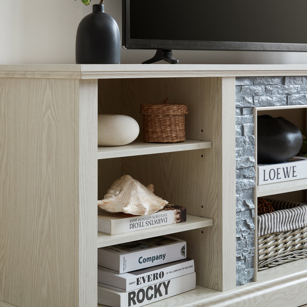Large TV Desk Storage Rack with Faux Stacked Stone Surround,Media Console Table with Large Storage Cabinet,Modern TV Media Entertaionment Stand,WHITE, 70.12'W*15.35'D*25.83'H