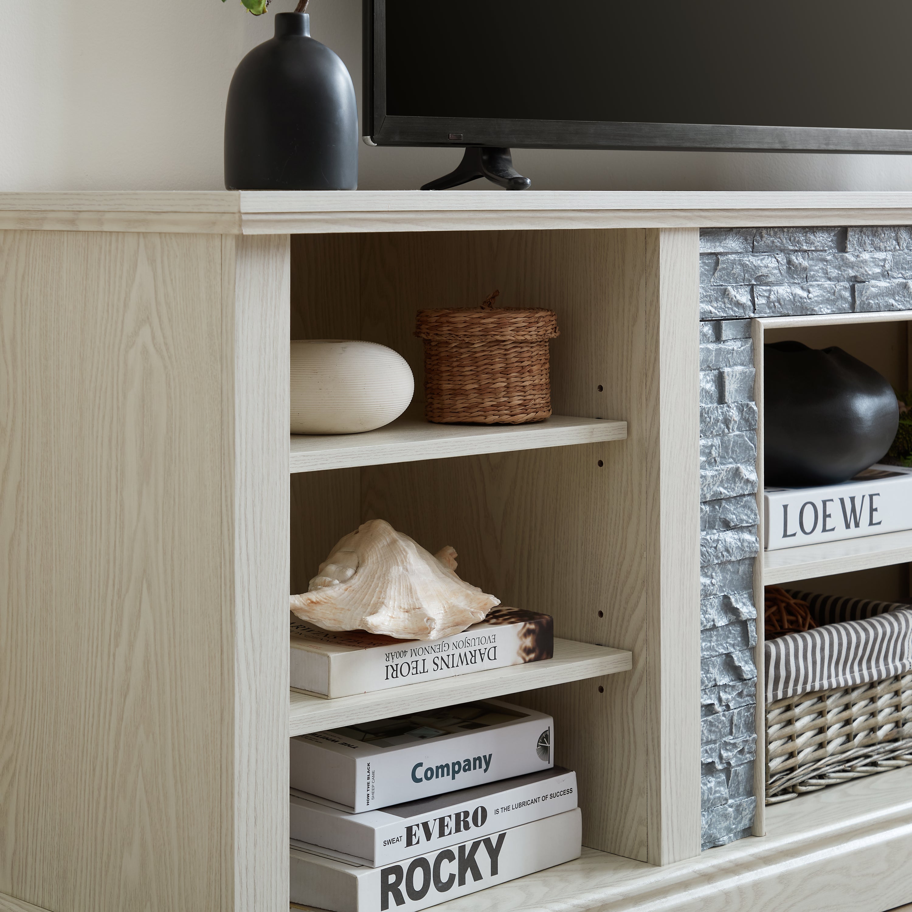 Large TV Desk Storage Rack with Faux Stacked Stone Surround,Media Console Table with Large Storage Cabinet,Modern TV Media Entertaionment Stand,WHITE, 70.12'W*15.35'D*25.83'H