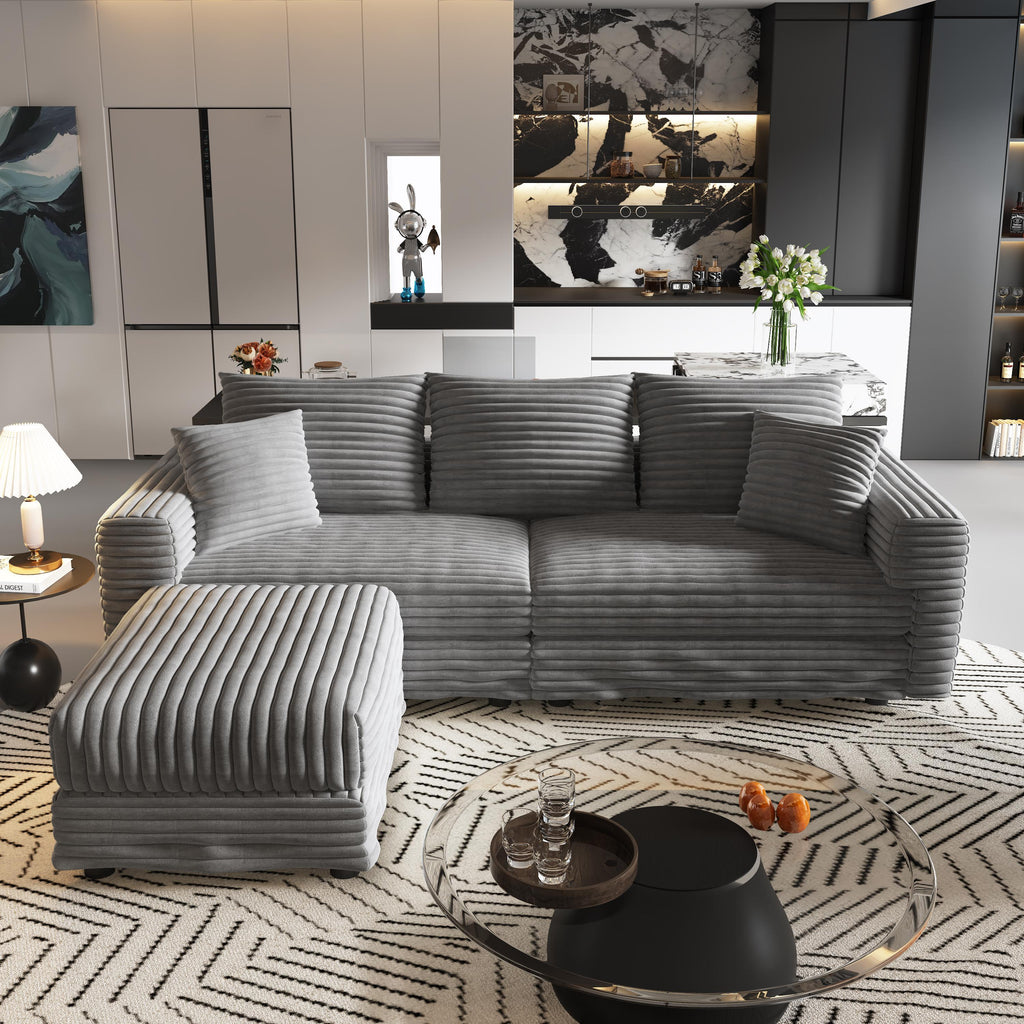 82.7 ' Plush Corduroy 3-Seat Sofa, Modern Comfy Upholstered Sofa Cloud Couch, Deep Seat Couches with Soft Pillows and 1 Ottomans, Convertible Sofa Lounge Chair, for Living Room,Apartment,Office,Grey