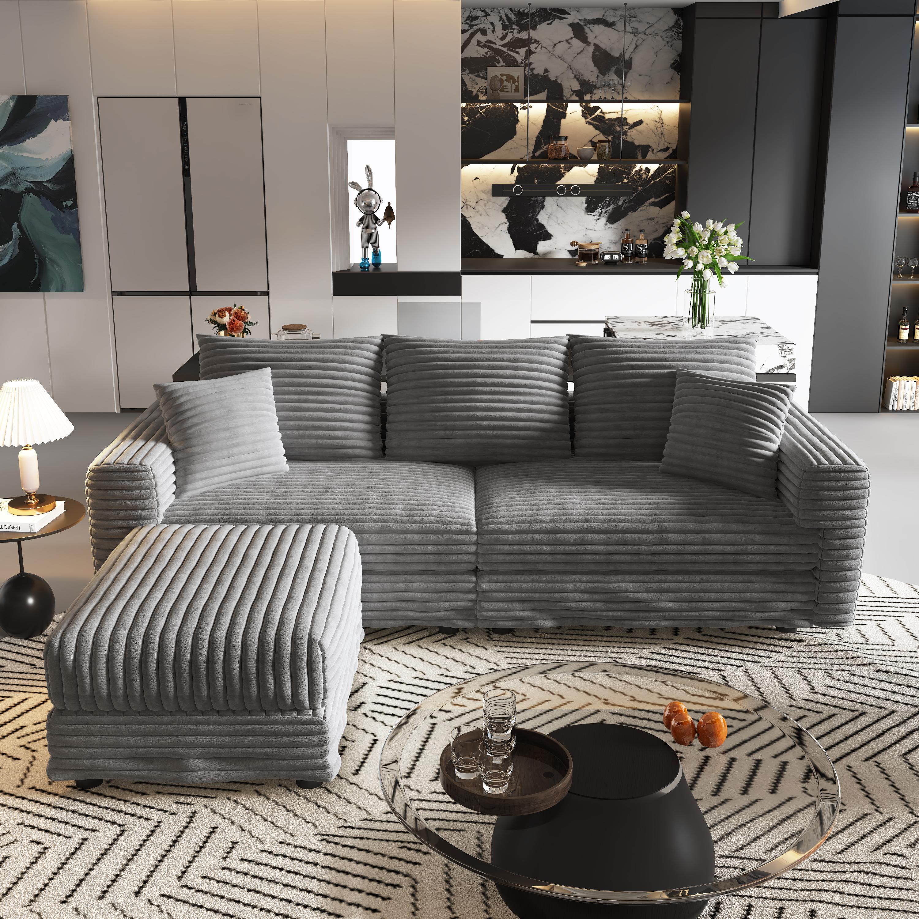82.7 ' Plush Corduroy 3-Seat Sofa, Modern Comfy Upholstered Sofa Cloud Couch, Deep Seat Couches with Soft Pillows and 1 Ottomans, Convertible Sofa Lounge Chair, for Living Room,Apartment,Office,Grey
