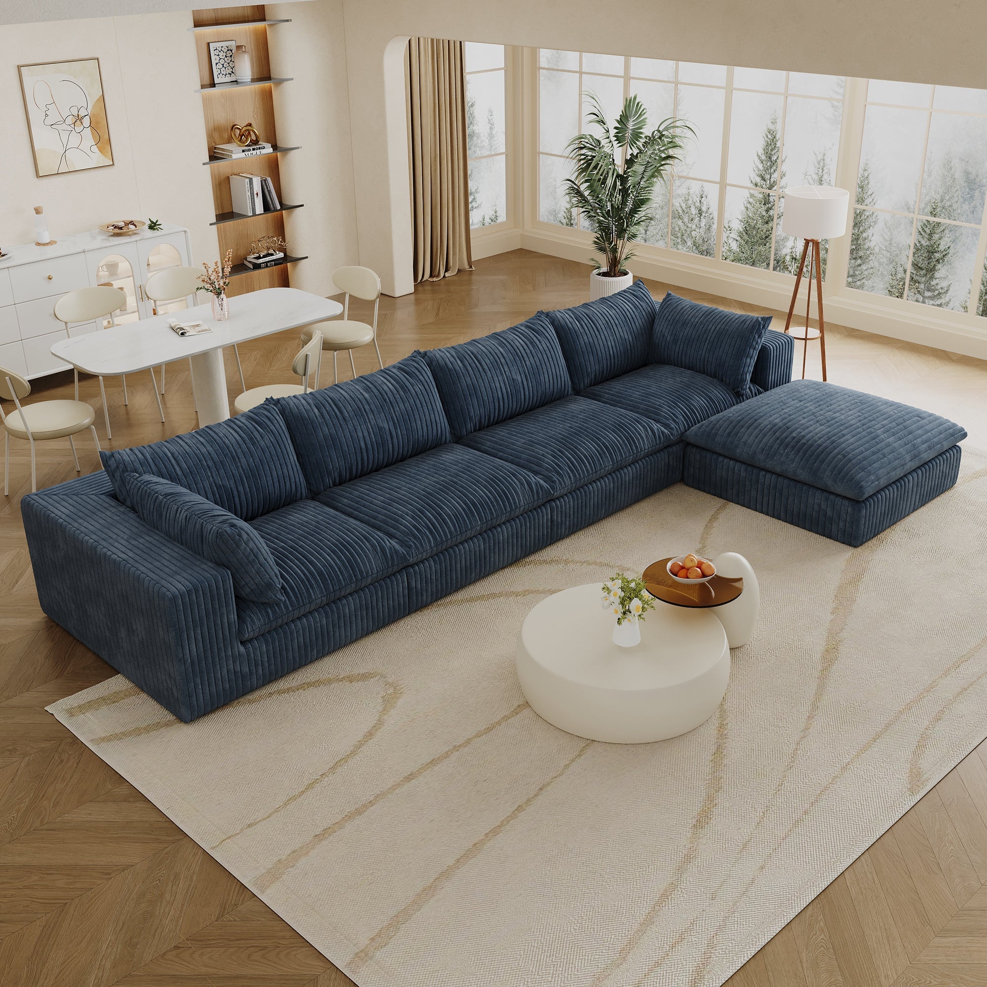 157.6'Cloud Sofa,Corduroy Fabric,Deep Seat Couches,Double-layer design,Removable  Cushion,No Assembly,DIY Combination for Living room, Bedroom,Conference room ,Apartment,Blue