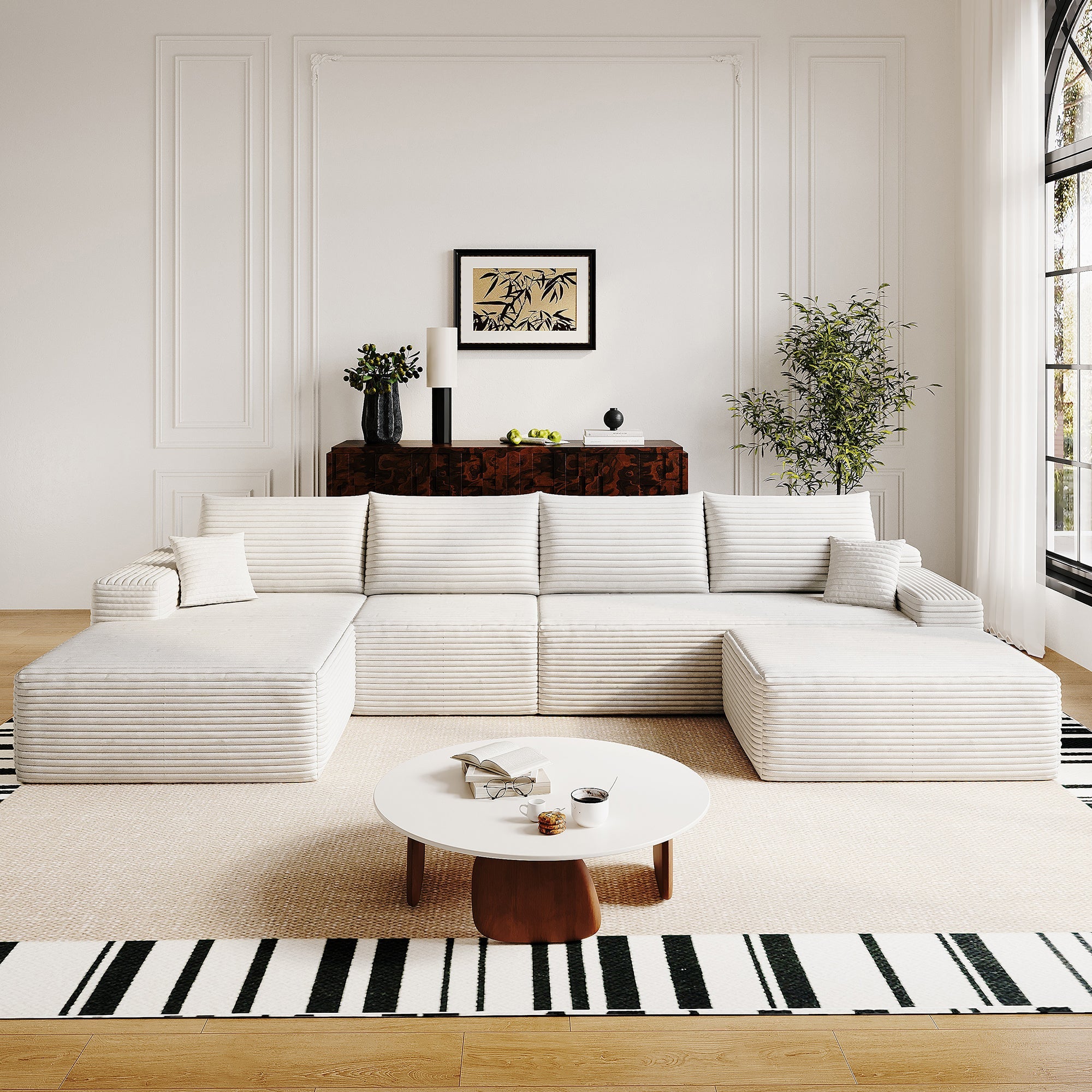135' Cloud Sectional Sofa with 1 Ottoman,Modern Minimalist Upholstered Couches, Comfort U Shaped Sofa for Living Room,Deep Seat Corner Couch,No Assembly Required,Black (Plush Corduroy Fabric),White