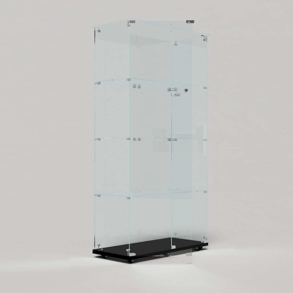 Tempered glass display cabinet,wine cabinet, storage cabinet,file cabinet,with Bluetooth LED strip,can be controlled by remote control or mobile APP,swivel casters,can be placed anywhere, color:black