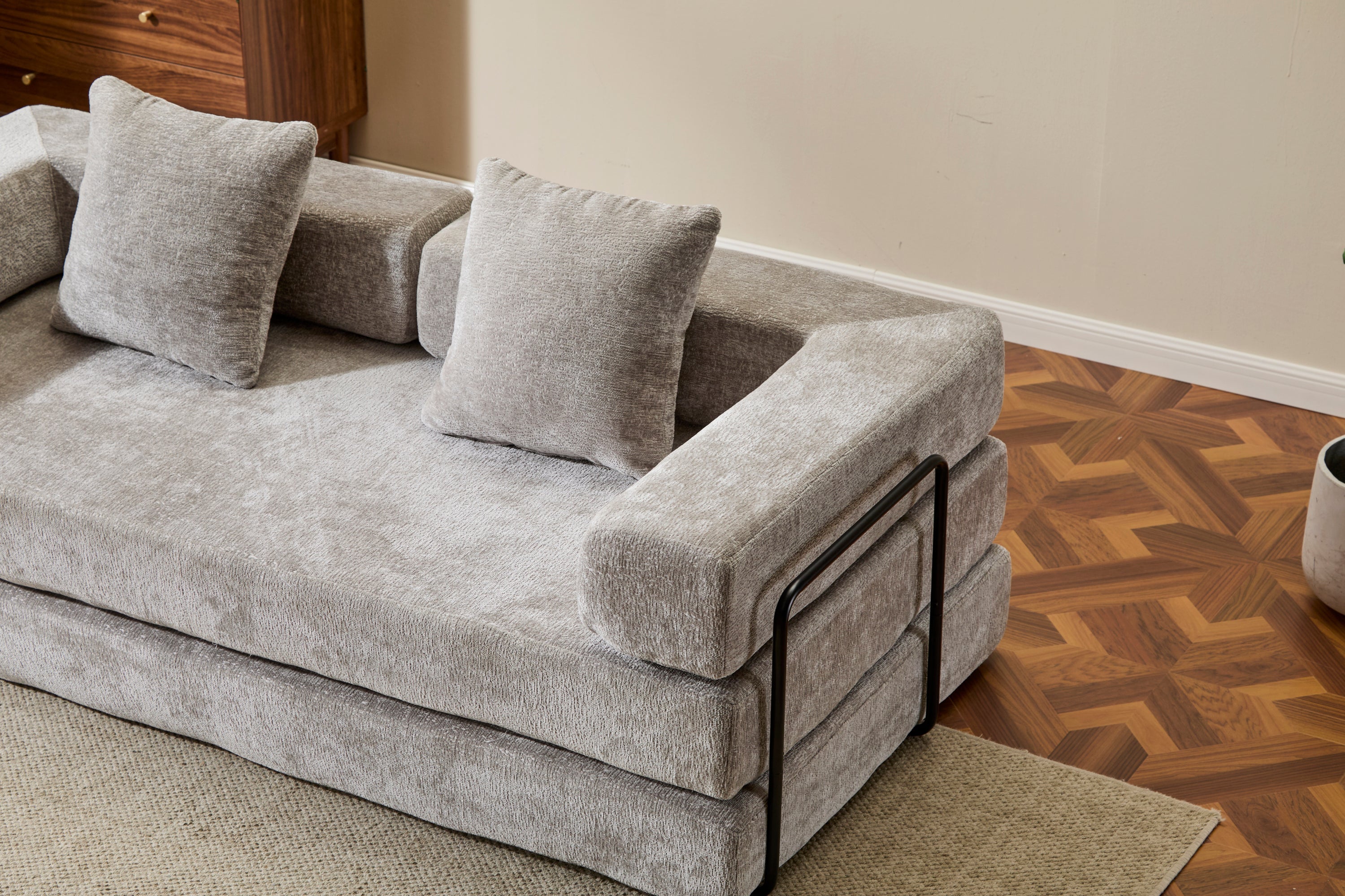 Floor Couch,Compression Sofa,Convertible Floor Sofa Bed-with Pillow Back Support Armrest,Comfy Futon Couch Lounge Sleeper Bed,Chenille fabric,for Living Room Bedroom (LIGHT-GREY)
