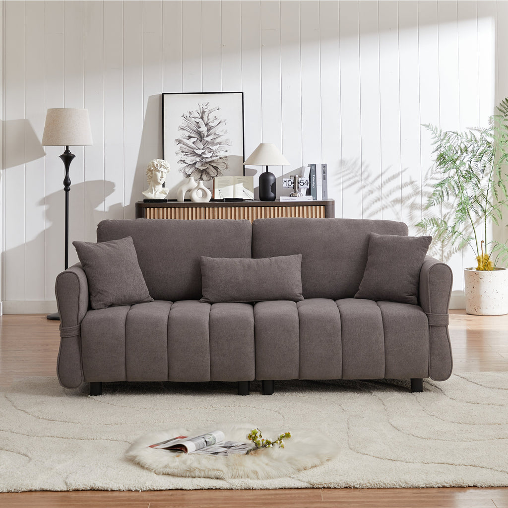 80''Premium chenille fabric sofa with 2 cushions and 1 lumbar pillow Armrest strap design,,upholstered 3-seater sofa  for living rooms, bedrooms,apartments and offices Grey