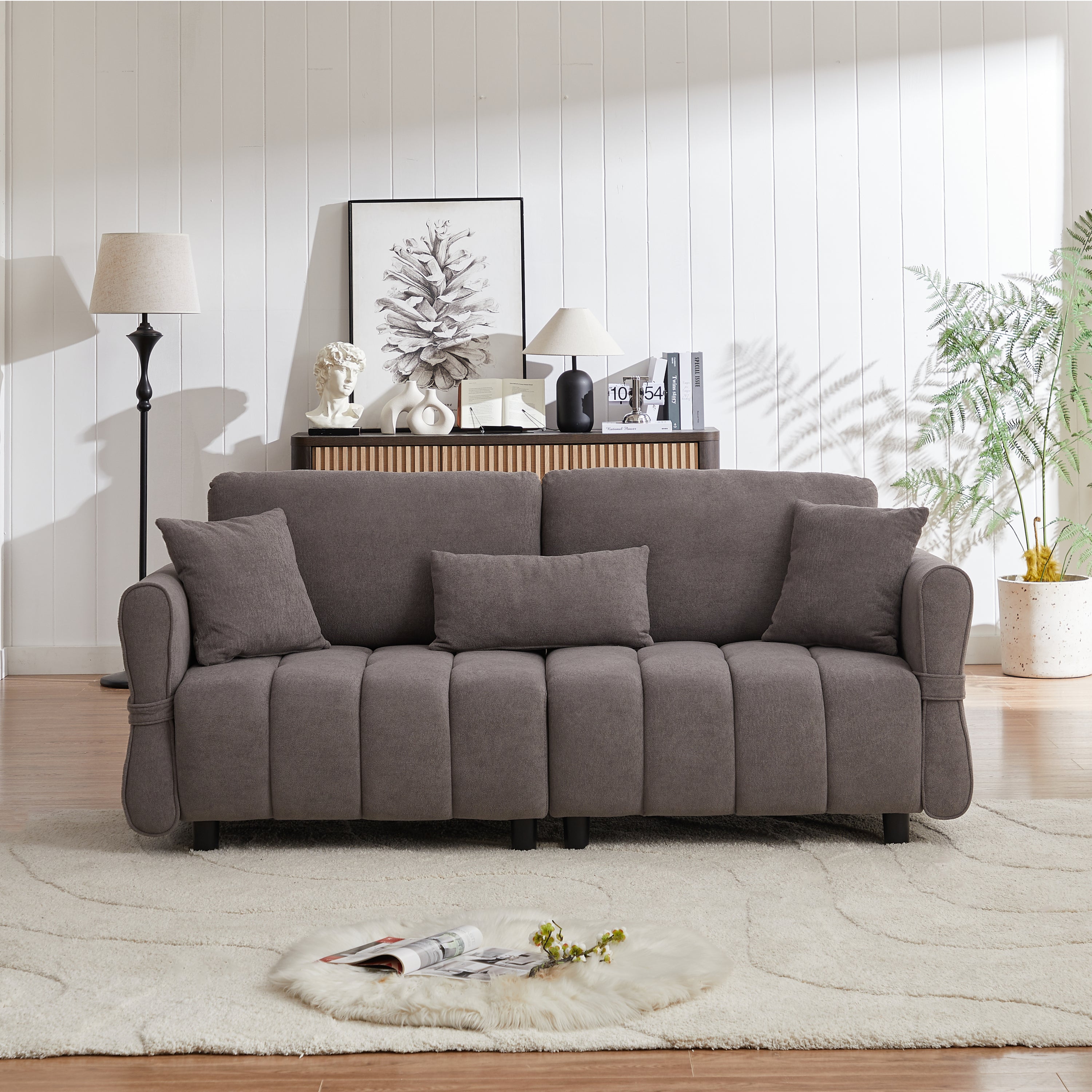 80''Premium chenille fabric sofa with 2 cushions and 1 lumbar pillow Armrest strap design,,upholstered 3-seater sofa  for living rooms, bedrooms,apartments and offices Grey
