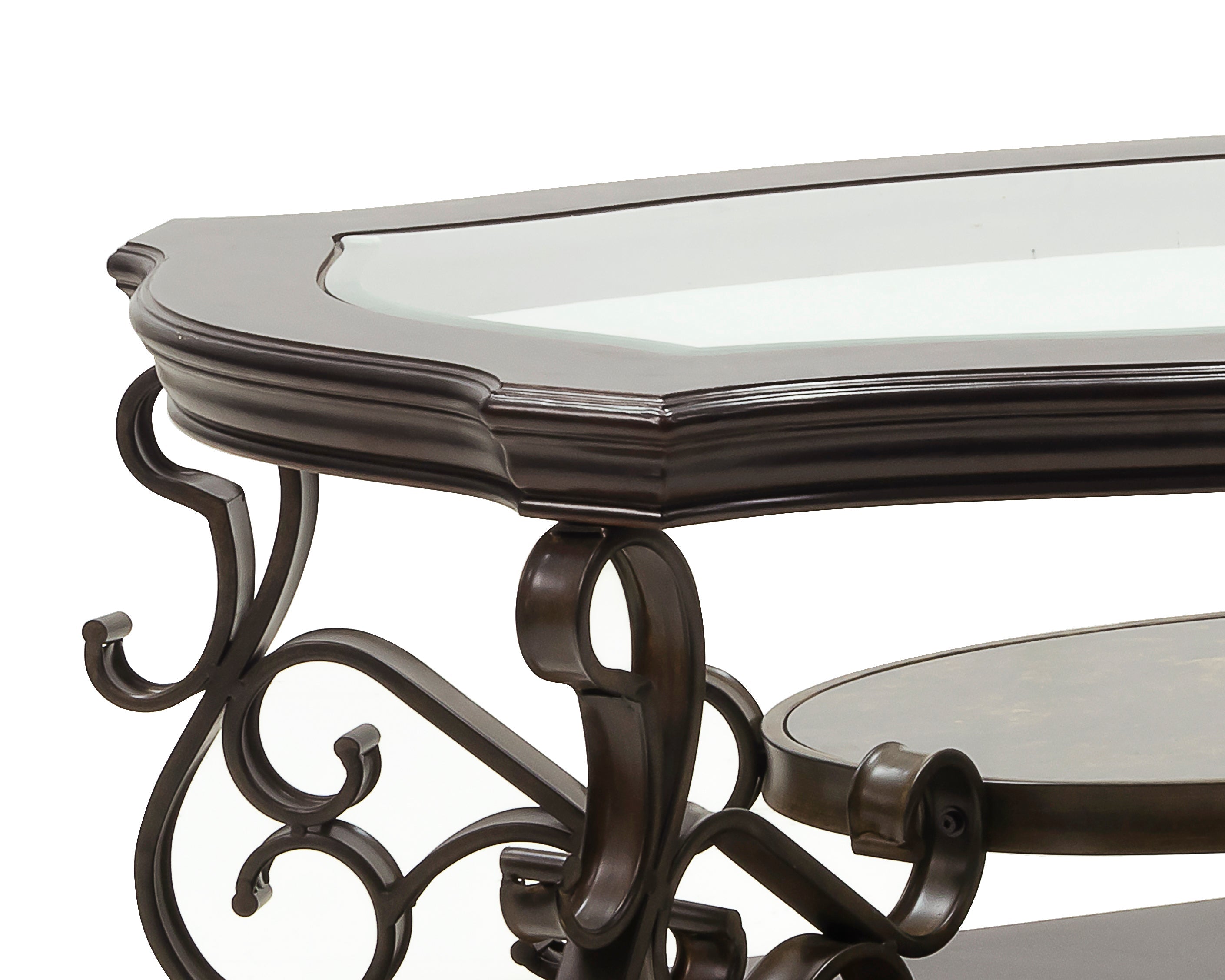 Cocktail Table, Glass table top, MDF W/marble paper middle shelf, powder coat finish metal legs. (52'Lx32'Wx20.3'H)