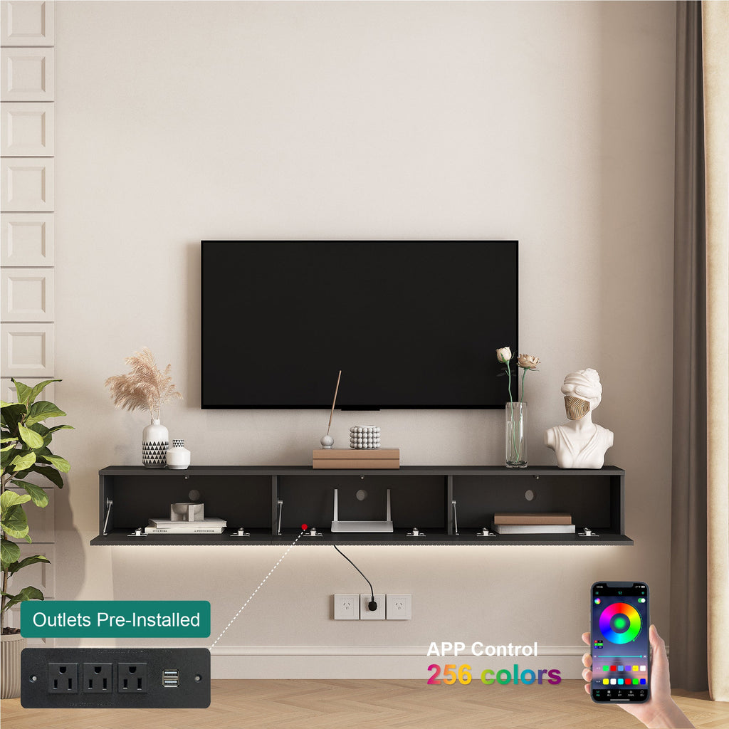 Floating TV Stand Wall Mounted with 16 Color LEDs,69' Modern TV Stand, Floating TV Cabinet Entertainment Center for 55 60 65 Inch TV,Black