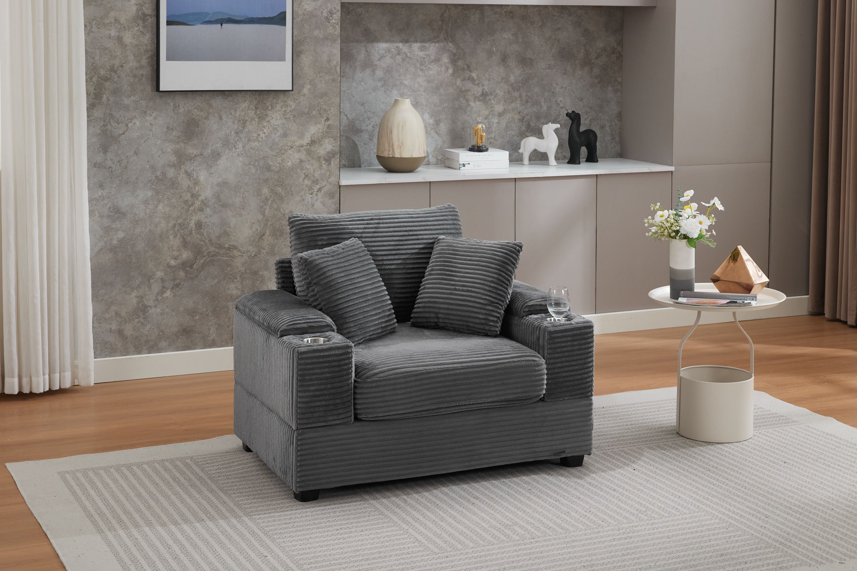 [VIDEO/New]Corduroy Upholstered Chaise Lounge Sofa with Handrail storage ,Movable ottoman,Cupholders,Detachable Cushions Deep Seat for Living Room Office,3 colour