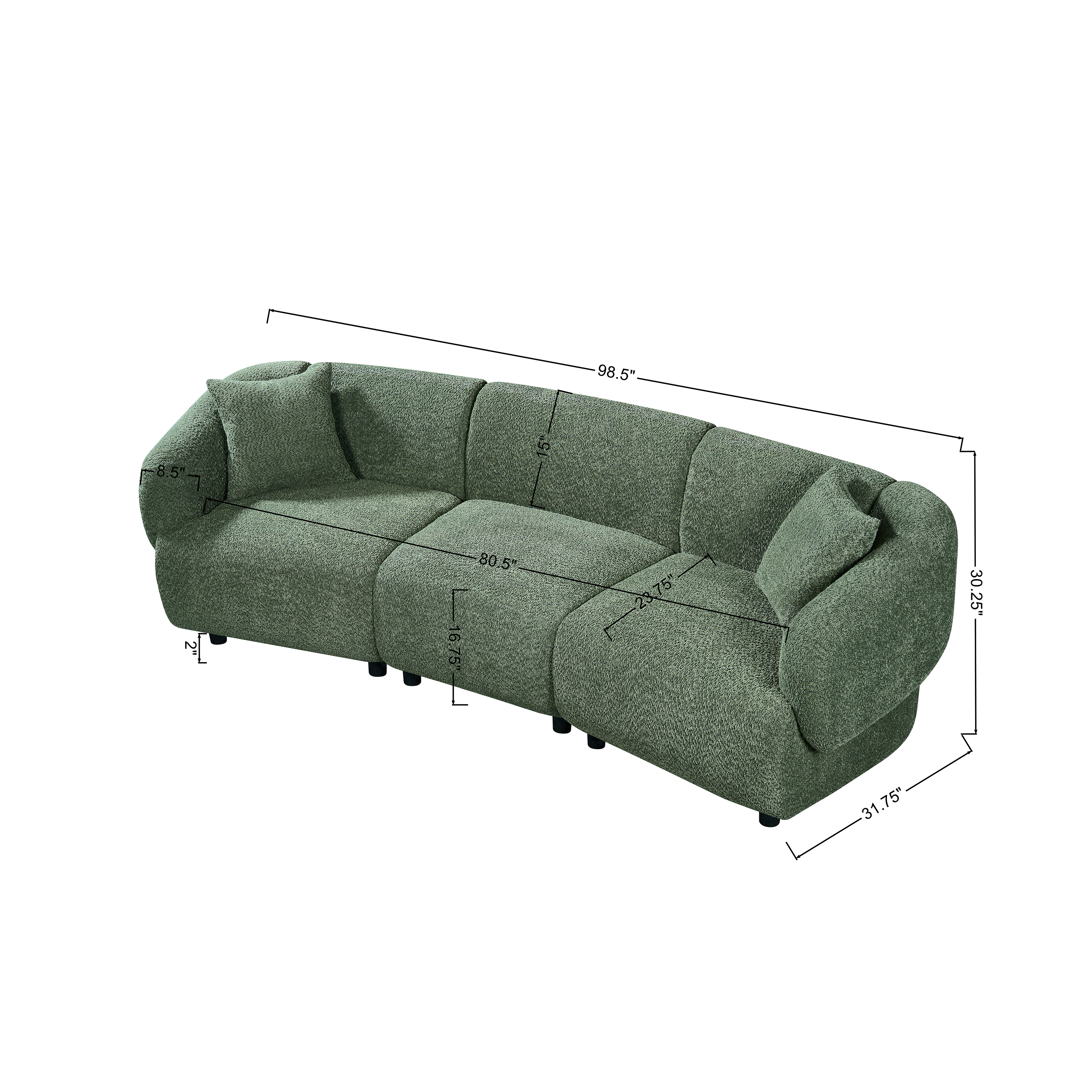 98.5 ' Curved Designed Contemporary 3-Seater Sofa in Green: Plush Seating, Streamlined Design, and Durable Frame – Ideal for Stylish Living Spaces