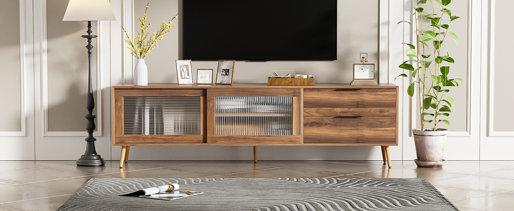 Modern TV Stand for 75'+ TV, TV Console with 2 Glass Doors, Entertainment Center with 2 Drawers & Storage Cabinet, 70' Media Console Table for Living Room, Bedroom