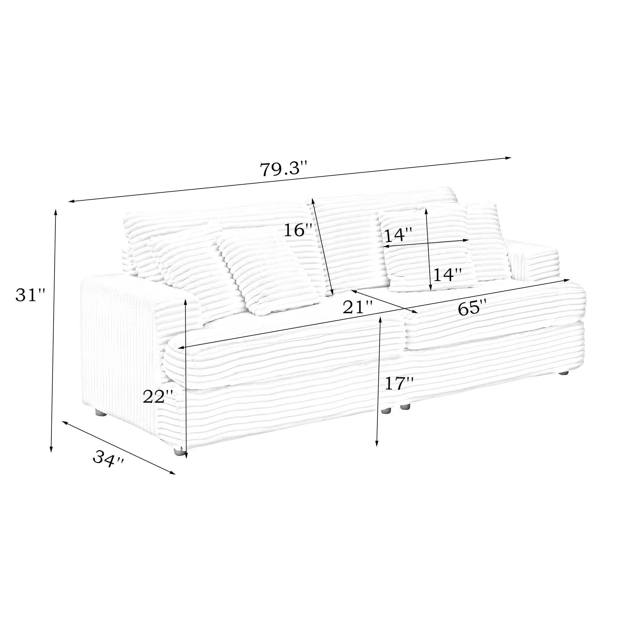 79.3 'long, corduroy sofa with 4 matching pillows, stylish design spacious and comfortable 3-seater sofa suitable for modern living room, black