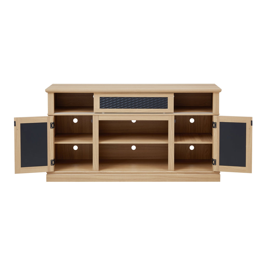 Embossed Pattern TV Stand, TV and Media Console with Open and Closed Storage Space and sliding door for Living Room & Bedroom, LIGHT OAK, 58.27'W*15.35'W*31.7H