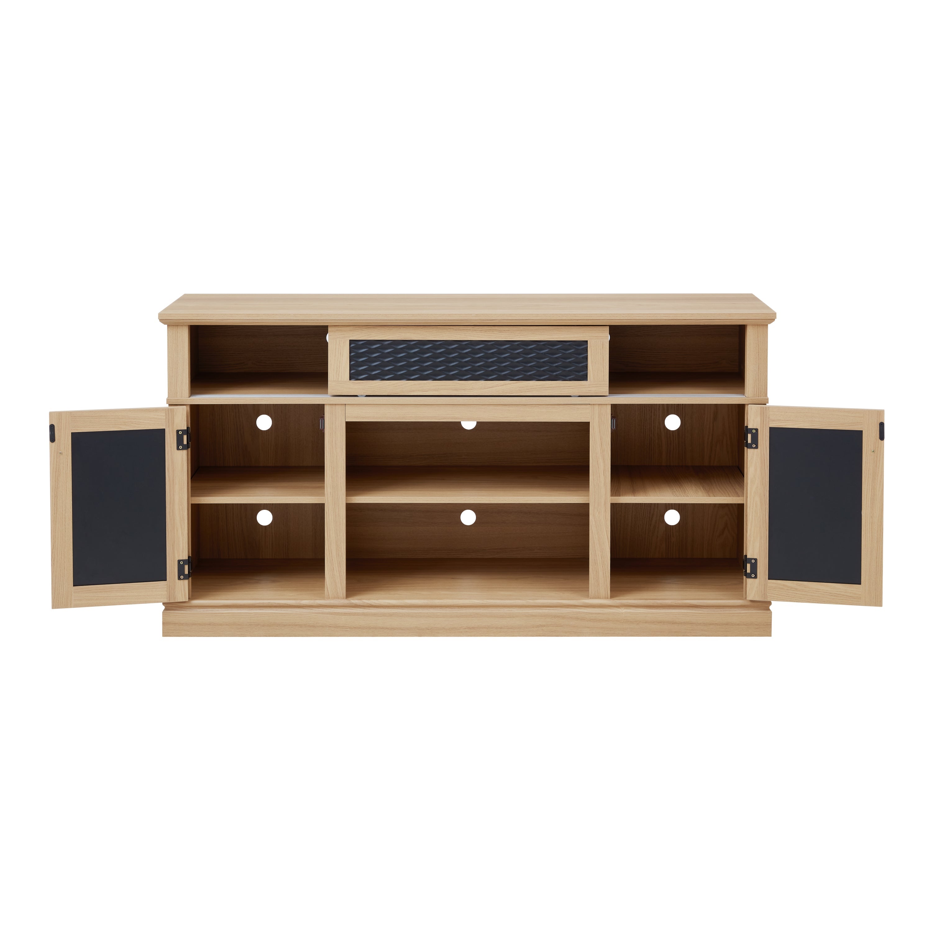 Embossed Pattern TV Stand, TV and Media Console with Open and Closed Storage Space and sliding door for Living Room & Bedroom, LIGHT OAK, 58.27'W*15.35'W*31.7H