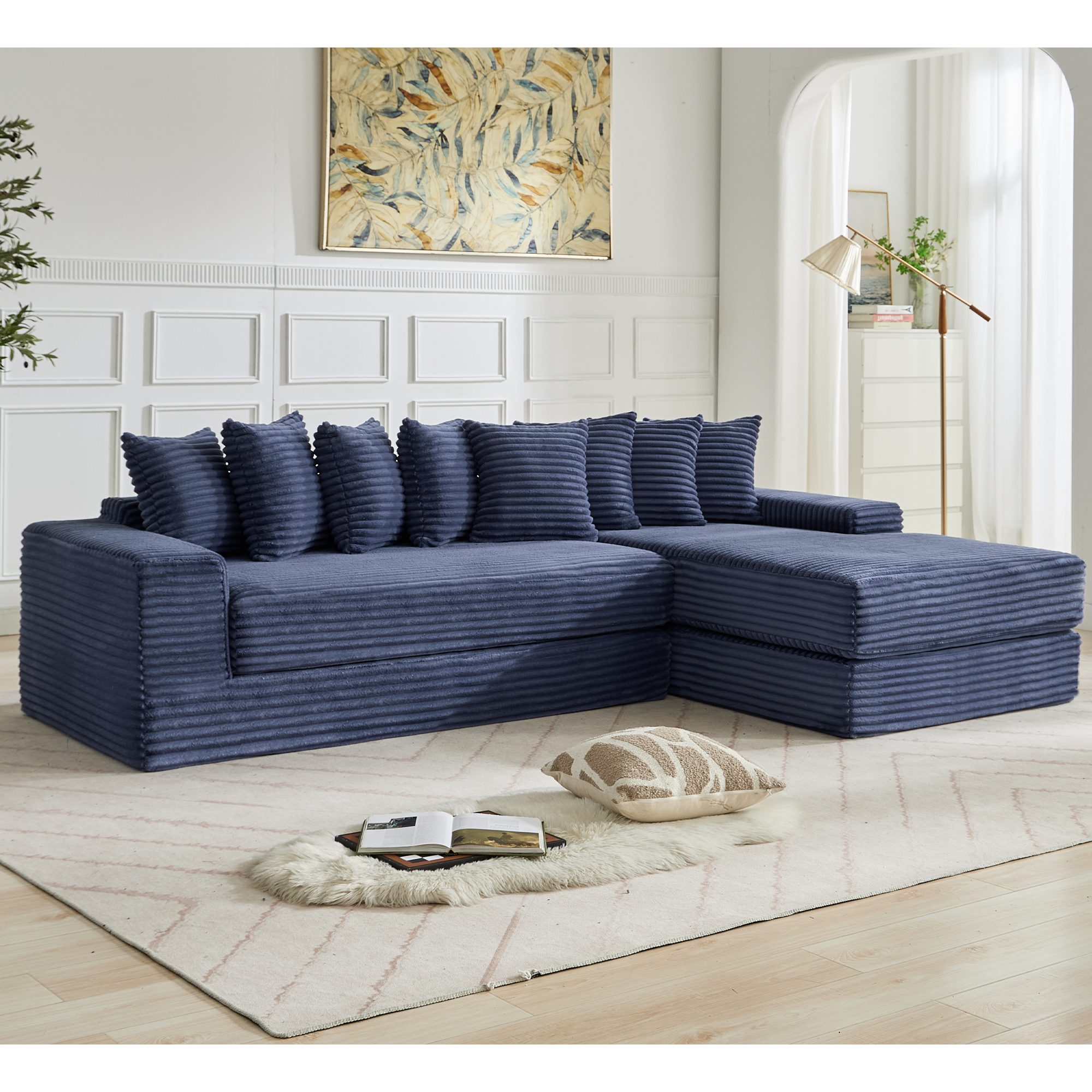 [NEW ARRIVED] [VIDEO PROVIDED] Oversize Cloud Sectional Couch, L-Shape Sofa, Convertible Floor Sleeper Sofa Bed, No Assembly ,Eight pillows,3-in-1,Magazine bag,(Right Facing Sofa),3 Seat,Corduroy,Blue