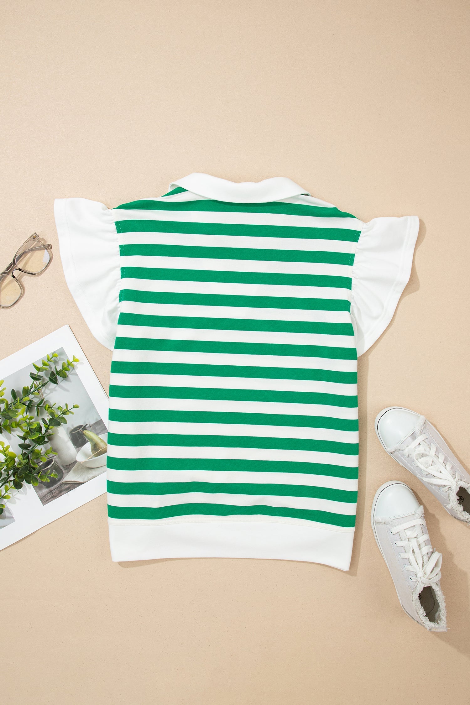 Stripe Collar V-Neck Ruffle Short Sleeve Blouse