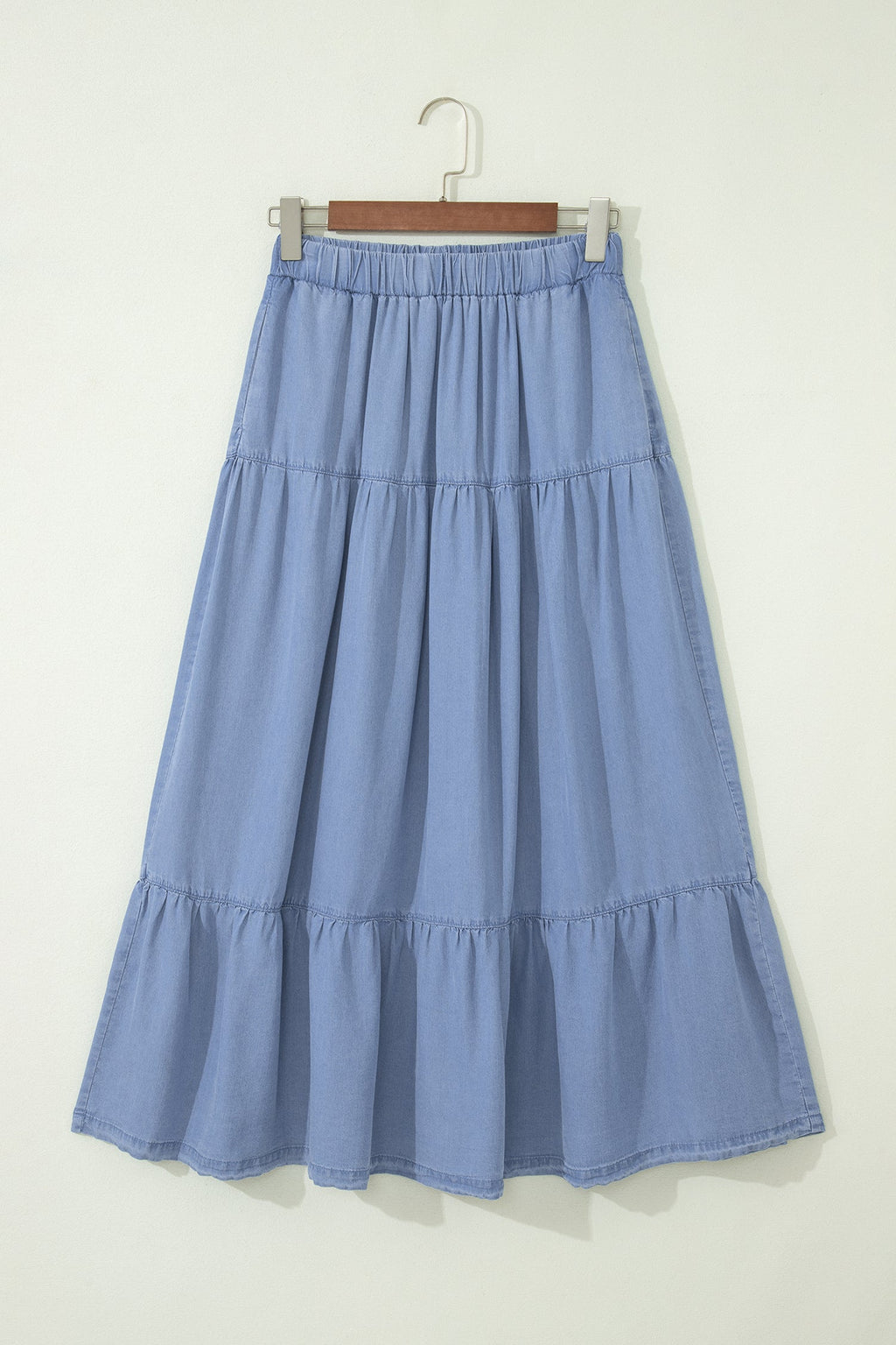 Denim Ruffle Tiered Flared Maxi Skirt