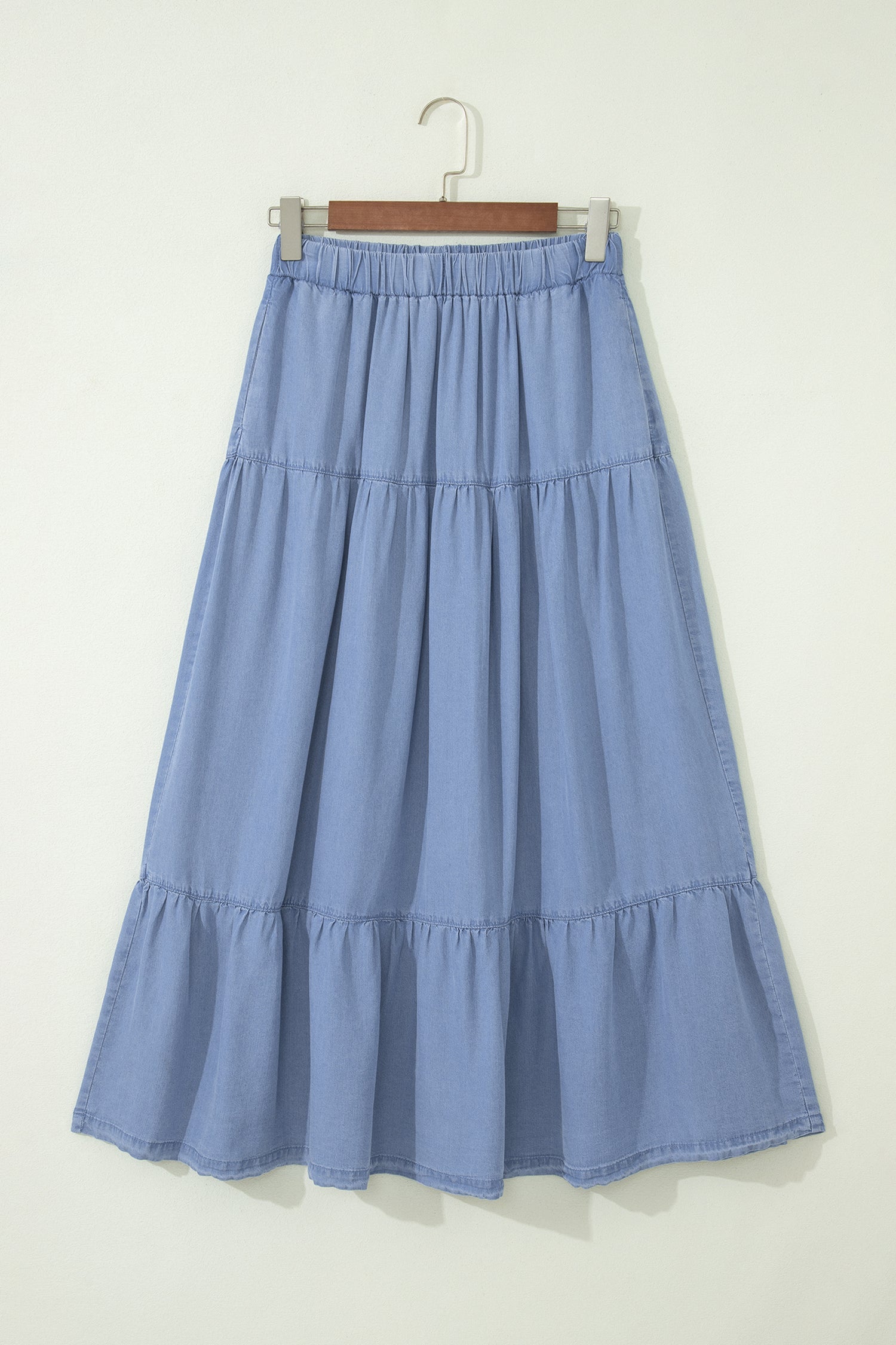 Denim Ruffle Tiered Flared Maxi Skirt