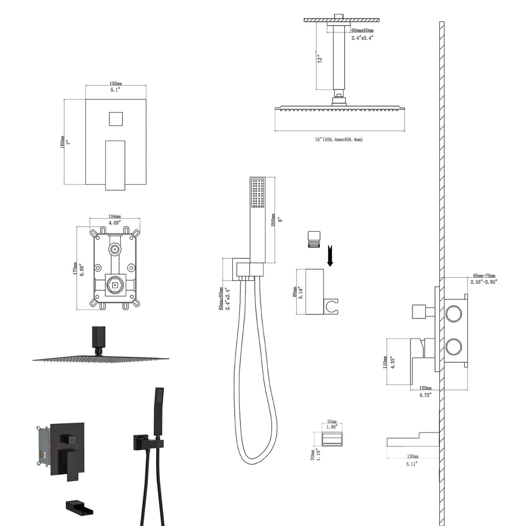 Shower System With Waterfall Tub Spout And 16" Ceiling Mount Square Rain Shower - Oil-Rubbed Bronze