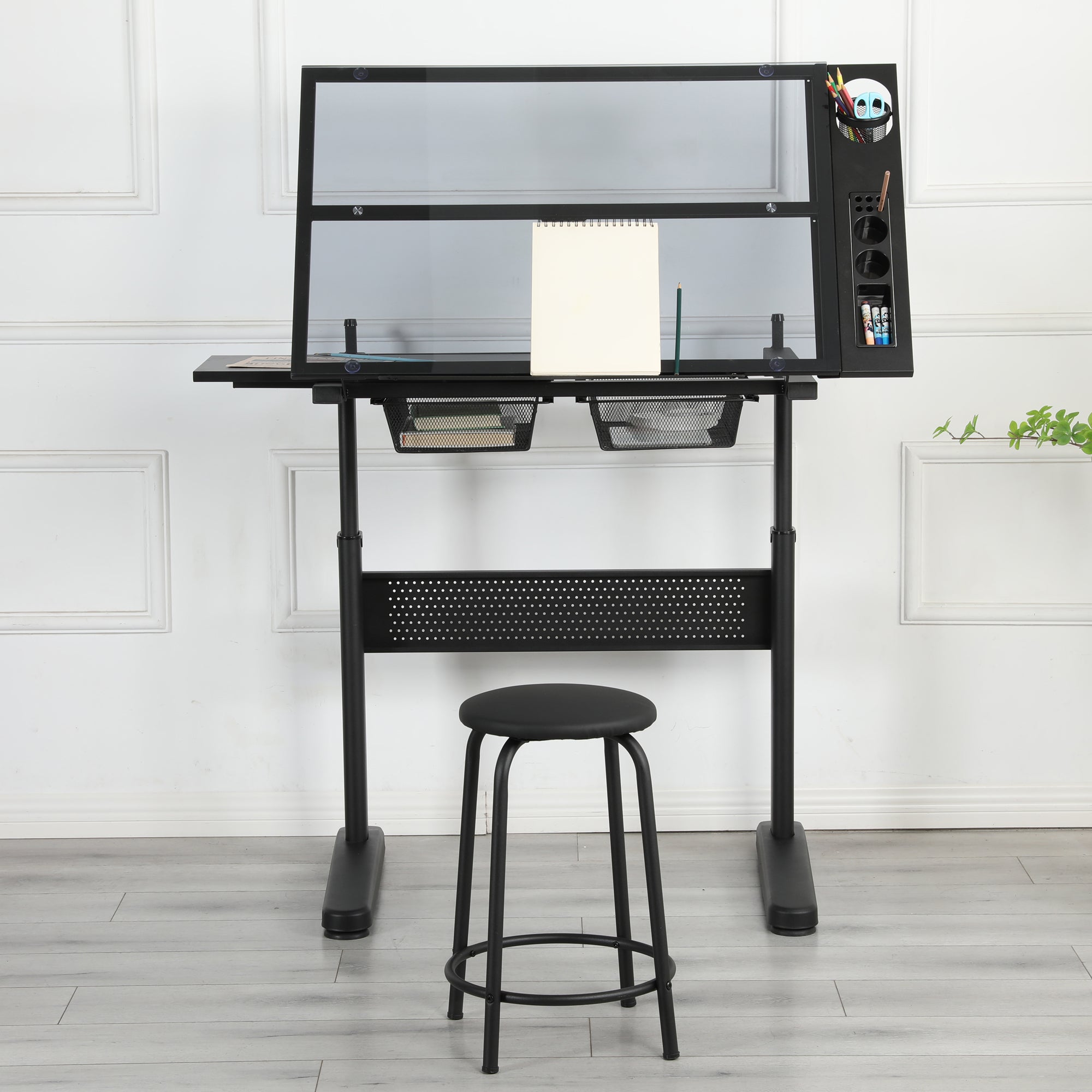 hand crank adjustable drafting table drawing desk with 2 metal drawers (BLACK)WITH STOOL