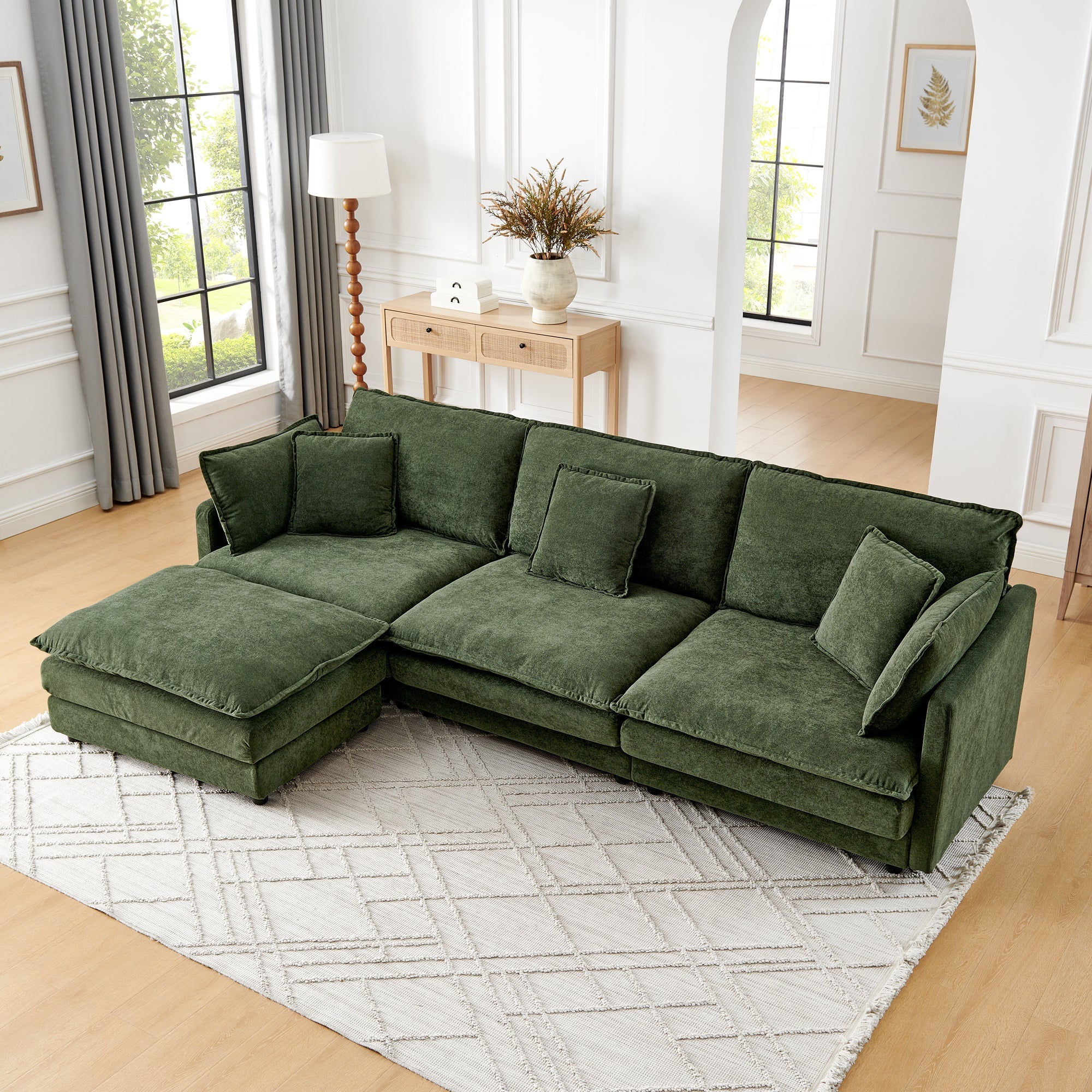 Modern Home Living Room L-Shaped Sectional Sofa Couches with Ottoman, Convertible Oversized 4 Seater Couch Towel Fabric, Green