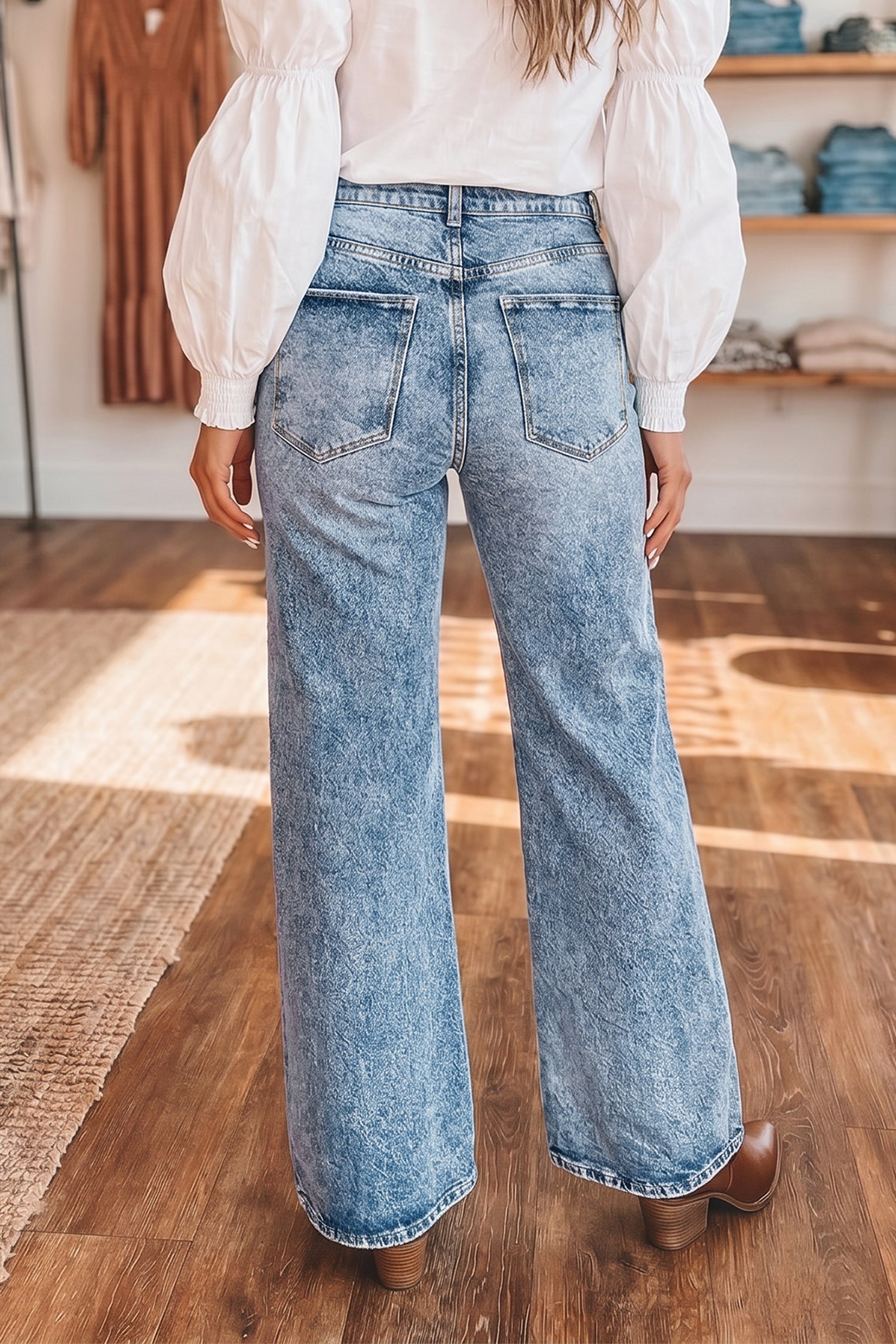 Denim Acid Wash Pockets Flare Jeans