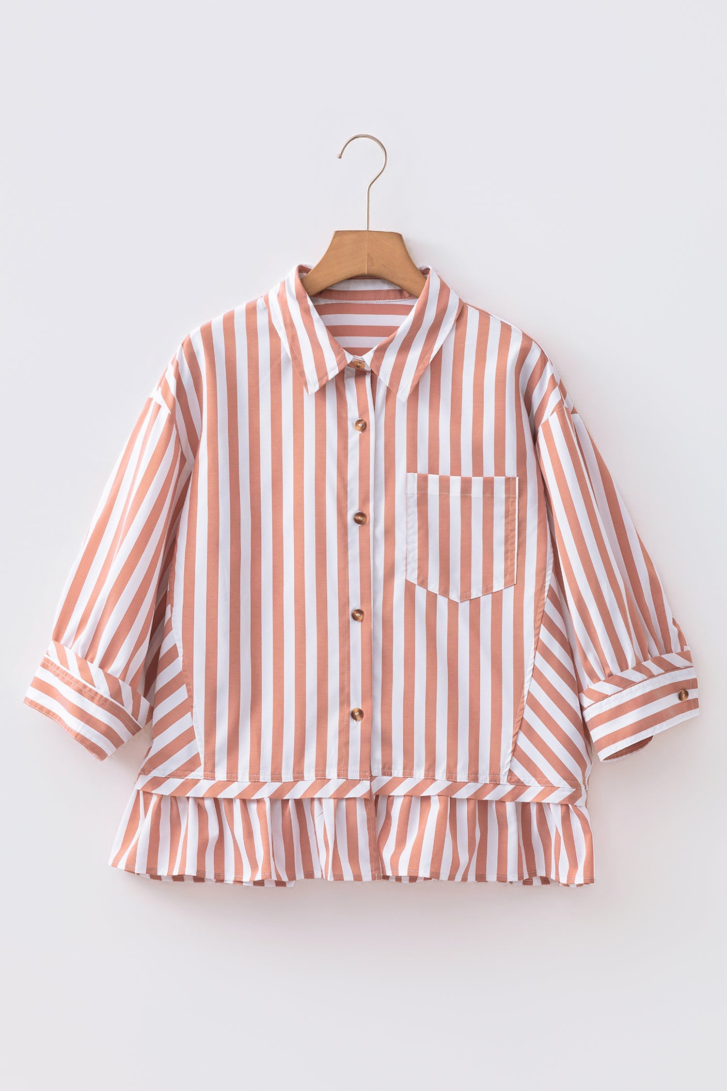 Stripe Ruffle Hem 3/4 Sleeve Buttoned Shirt