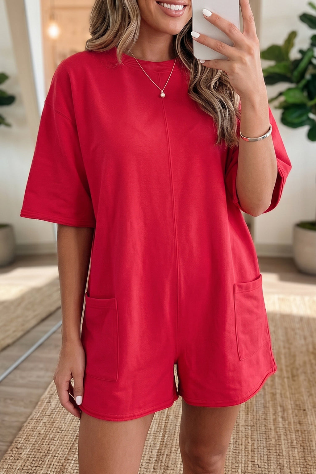 Solid Raw Edge 3/4 Sleeve Pocketed Loose Romper