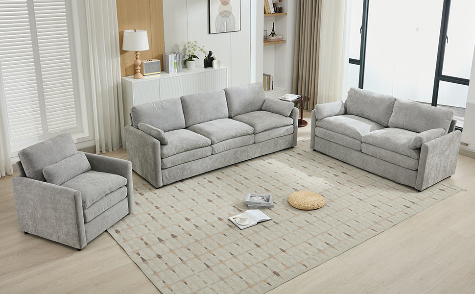 Cozy Upholstered Sofa Set with Double Cushion Design, Light Grey Chenille Fabric, Modern Living Room Couch