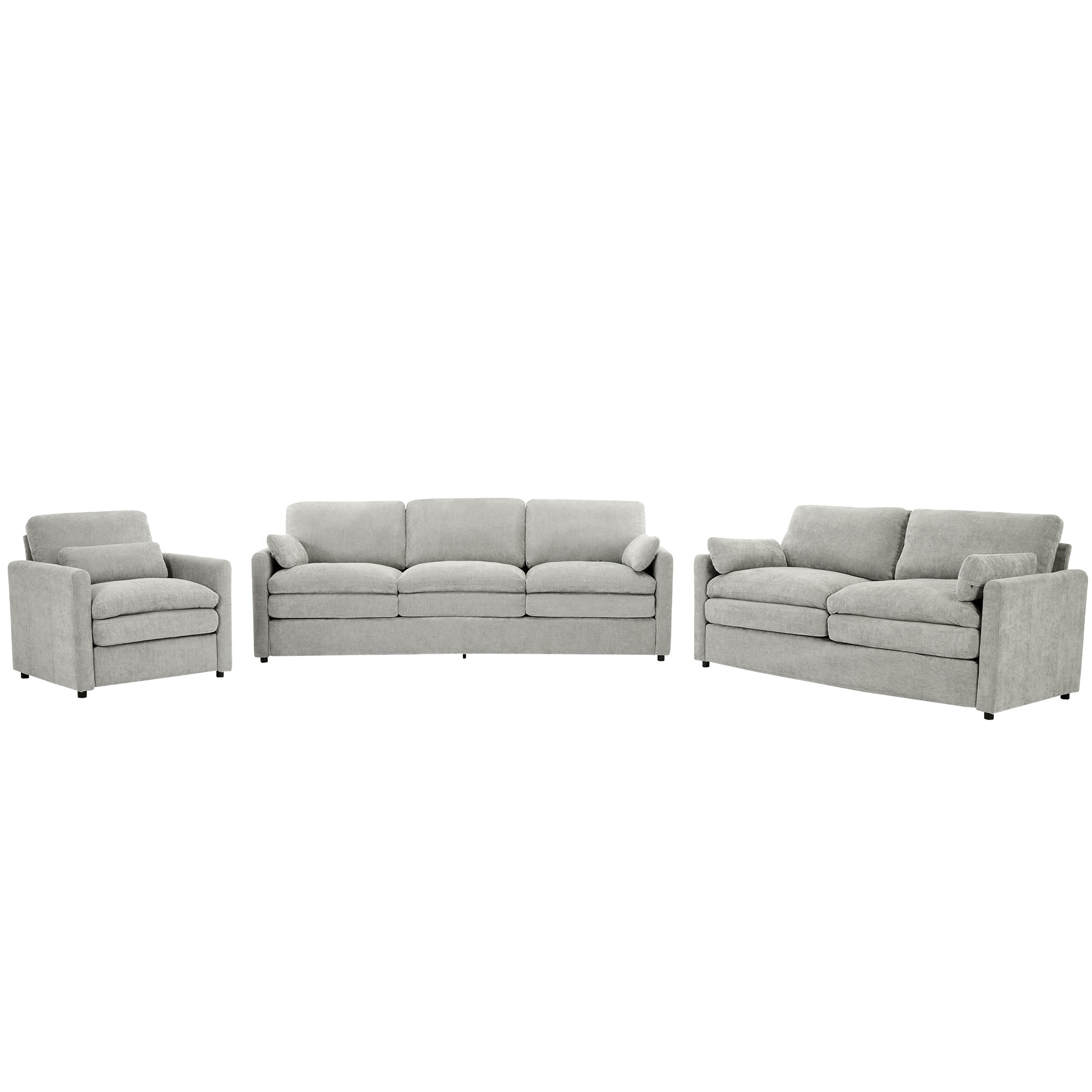 Cozy Upholstered Sofa Set with Double Cushion Design, Light Grey Chenille Fabric, Modern Living Room Couch