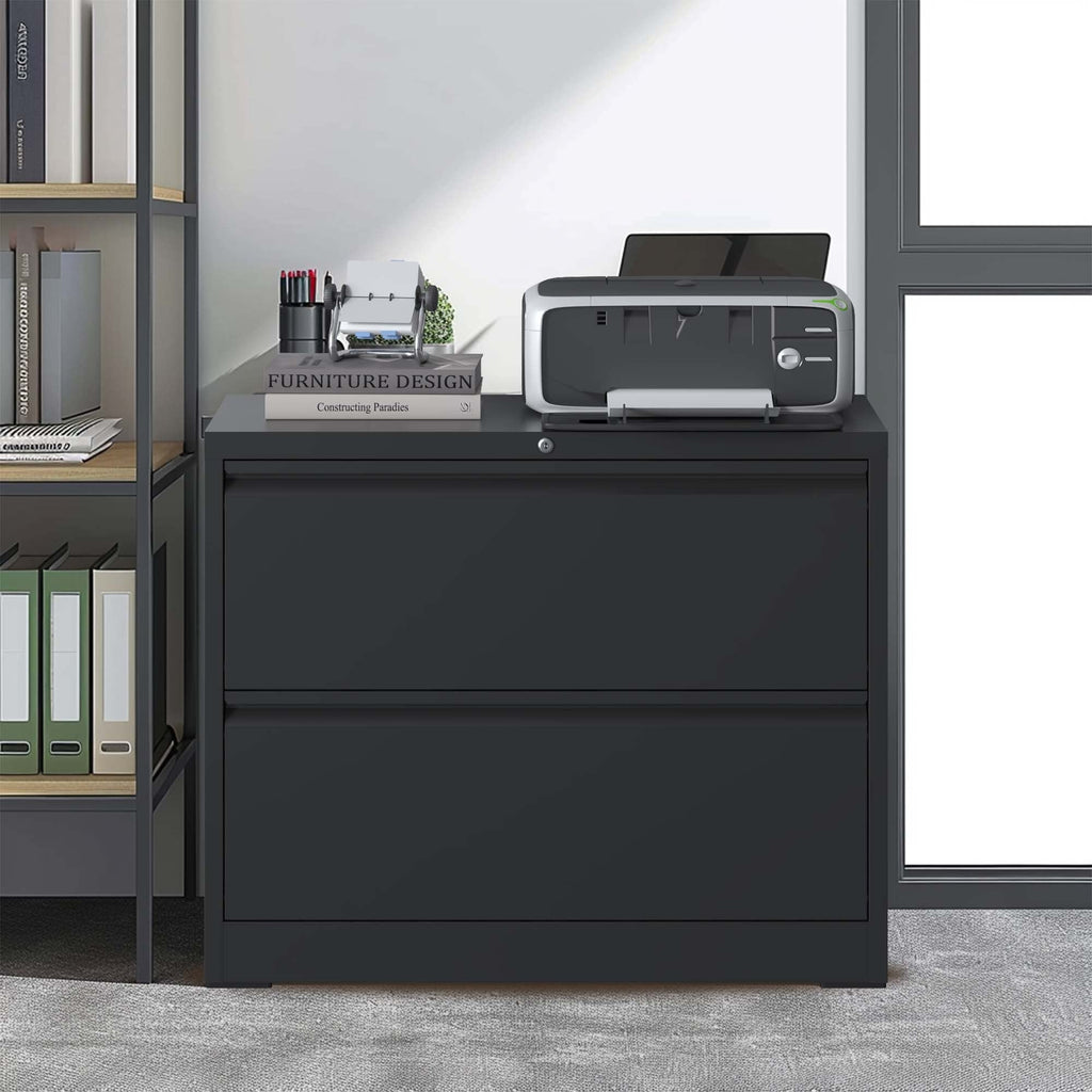 Modern Black 2-Drawer Steel Lateral File Cabinet with Lock for Legal/Letter/A4/F4 Size
