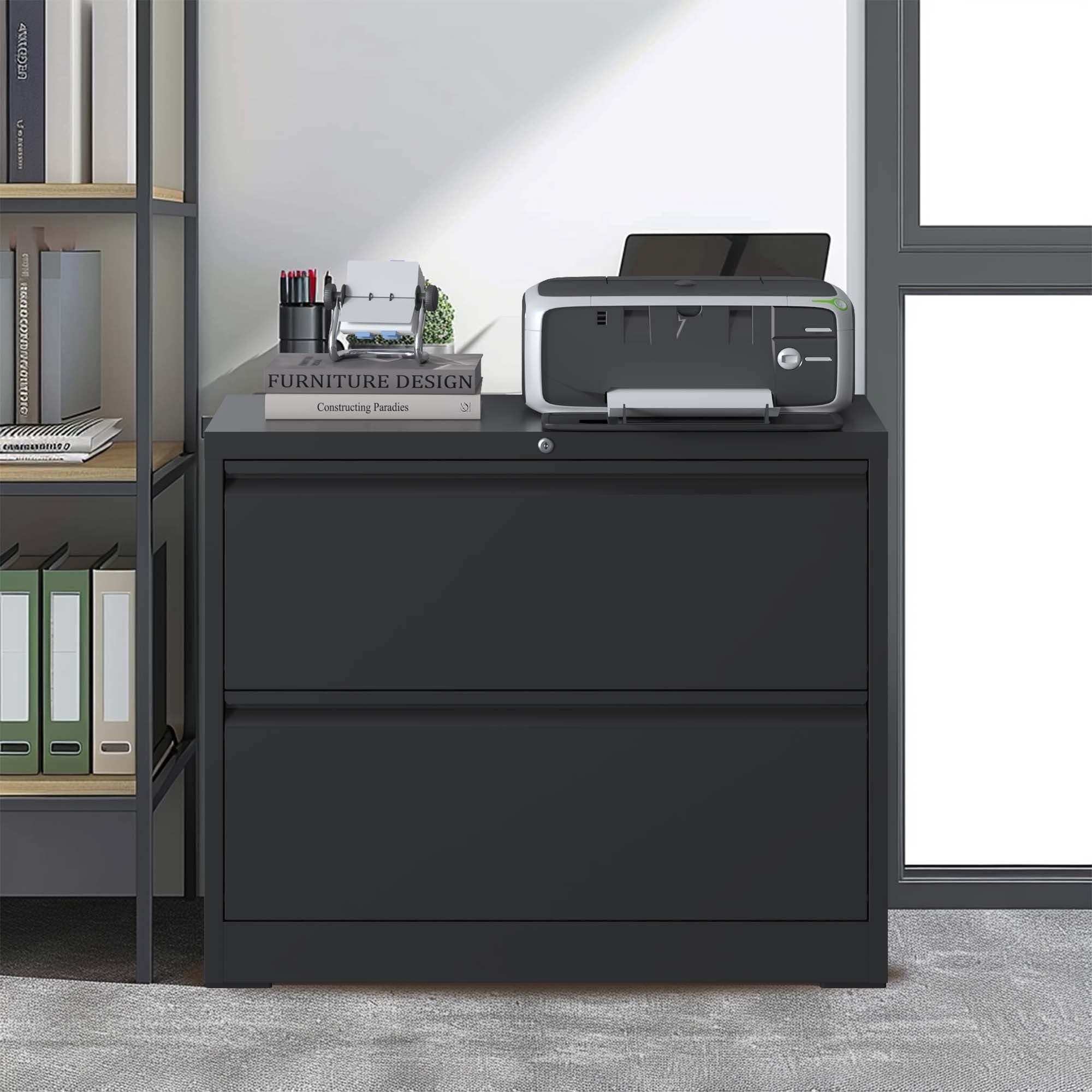 Modern Black 2-Drawer Steel Lateral File Cabinet with Lock for Legal/Letter/A4/F4 Size