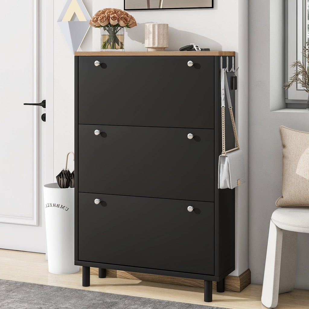 ON-TREND Narrow Design Tipping Bucket Shoe Cabinet with 3 Flip Drawers, Wood Grain Pattern Top Entryway Organizer with 3 Hooks, Free Standing Shoe Rack with Adjustable Panel for Hallway, Black