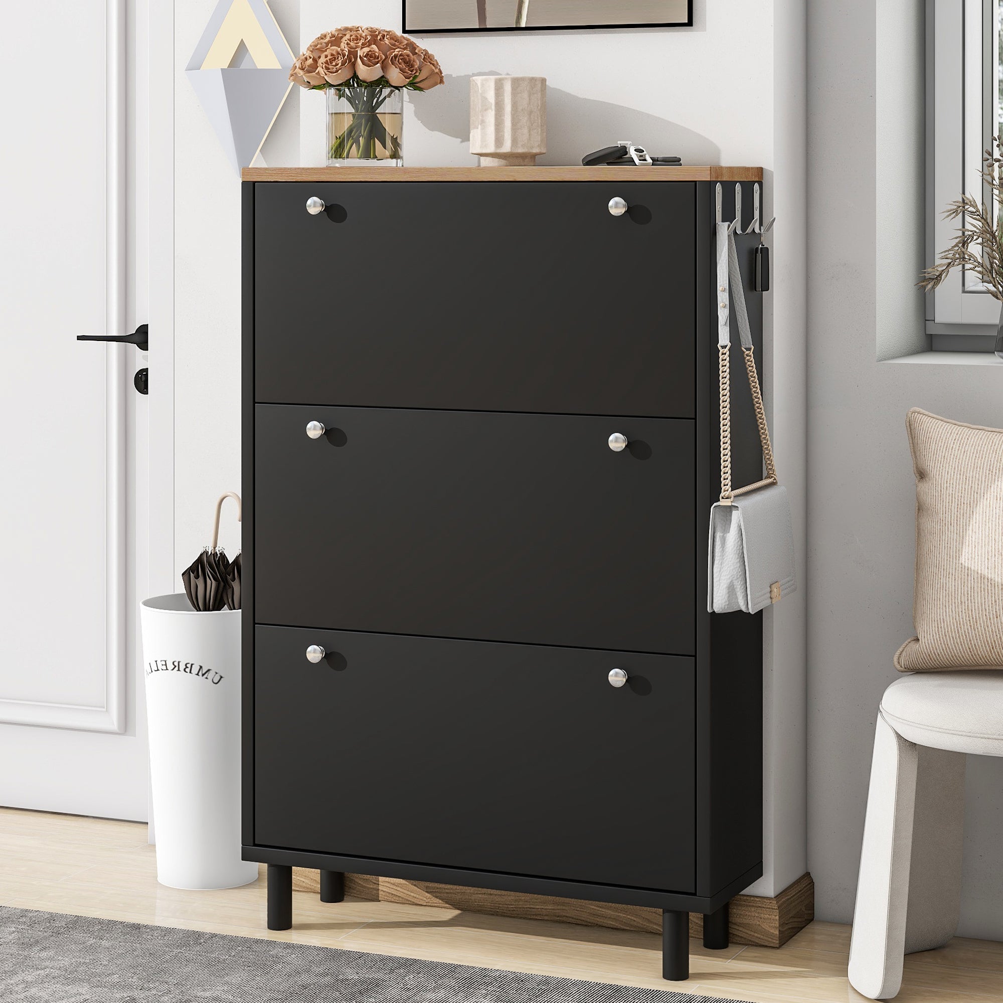 ON-TREND Narrow Design Tipping Bucket Shoe Cabinet with 3 Flip Drawers, Wood Grain Pattern Top Entryway Organizer with 3 Hooks, Free Standing Shoe Rack with Adjustable Panel for Hallway, Black