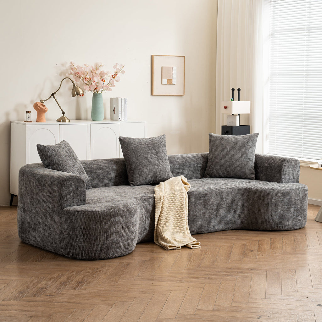 Modern Style Gray Curved Sofa, Soft Cushioned Corduroy Sofa with 3 Pillows, Living Room Cream White Super Smooth Curved Fabric Sofa