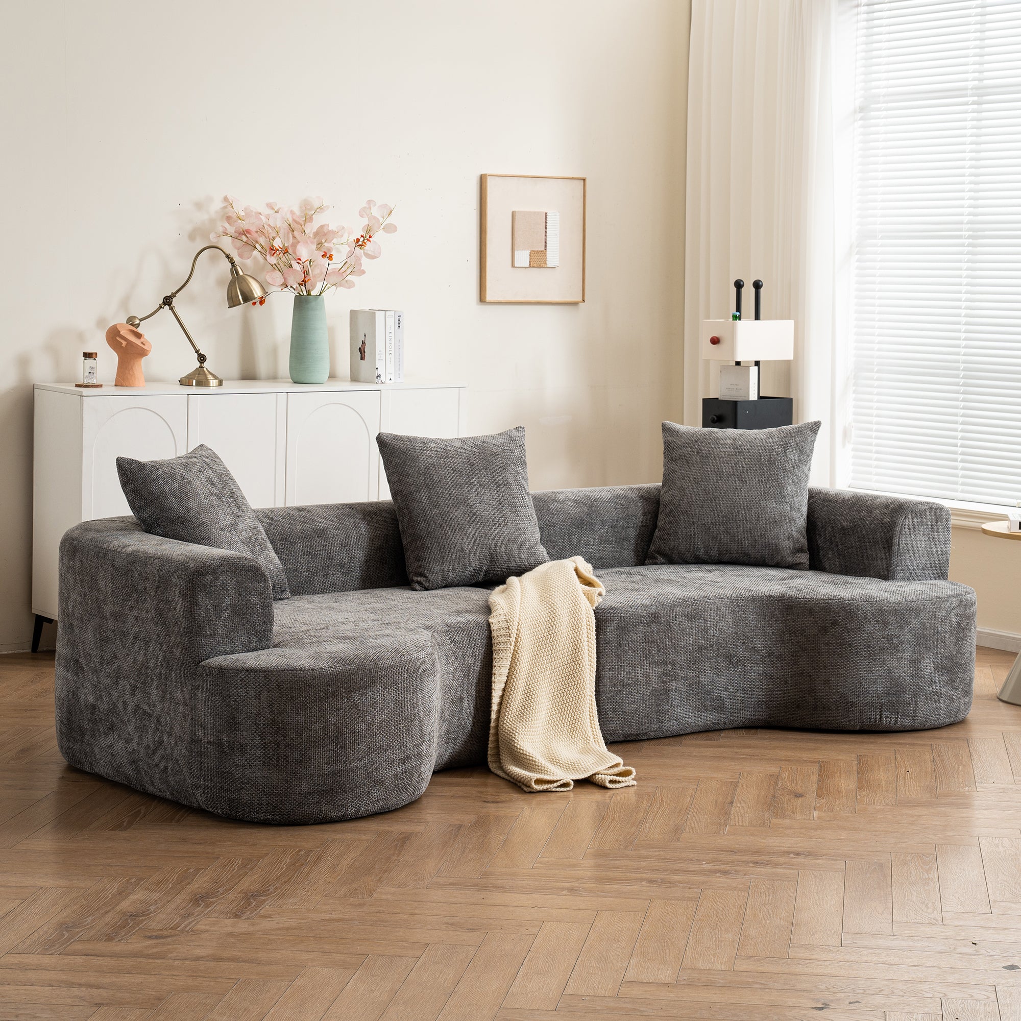 Modern Style Gray Curved Sofa, Soft Cushioned Corduroy Sofa with 3 Pillows, Living Room Cream White Super Smooth Curved Fabric Sofa