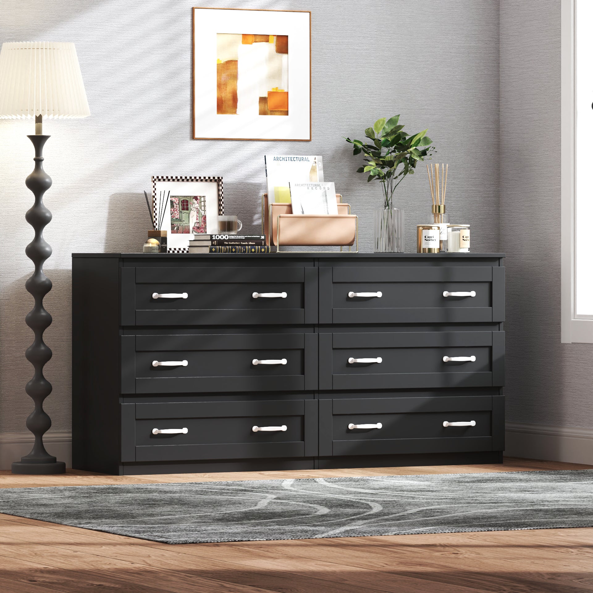 Modern black side cabinet with 6 drawers ,  Wood Chest of Drawers with Metal Handle,  Storage Organizer for Living Room , Bedroom or Hallway, Black