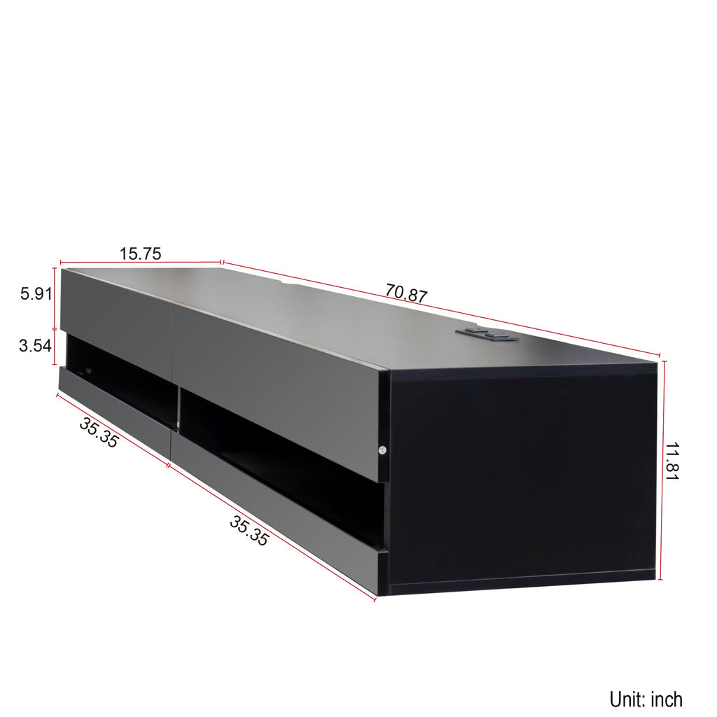 180 Wall Mounted Floating 80' TV Stand with 20 Color LEDs  and  Charging Station