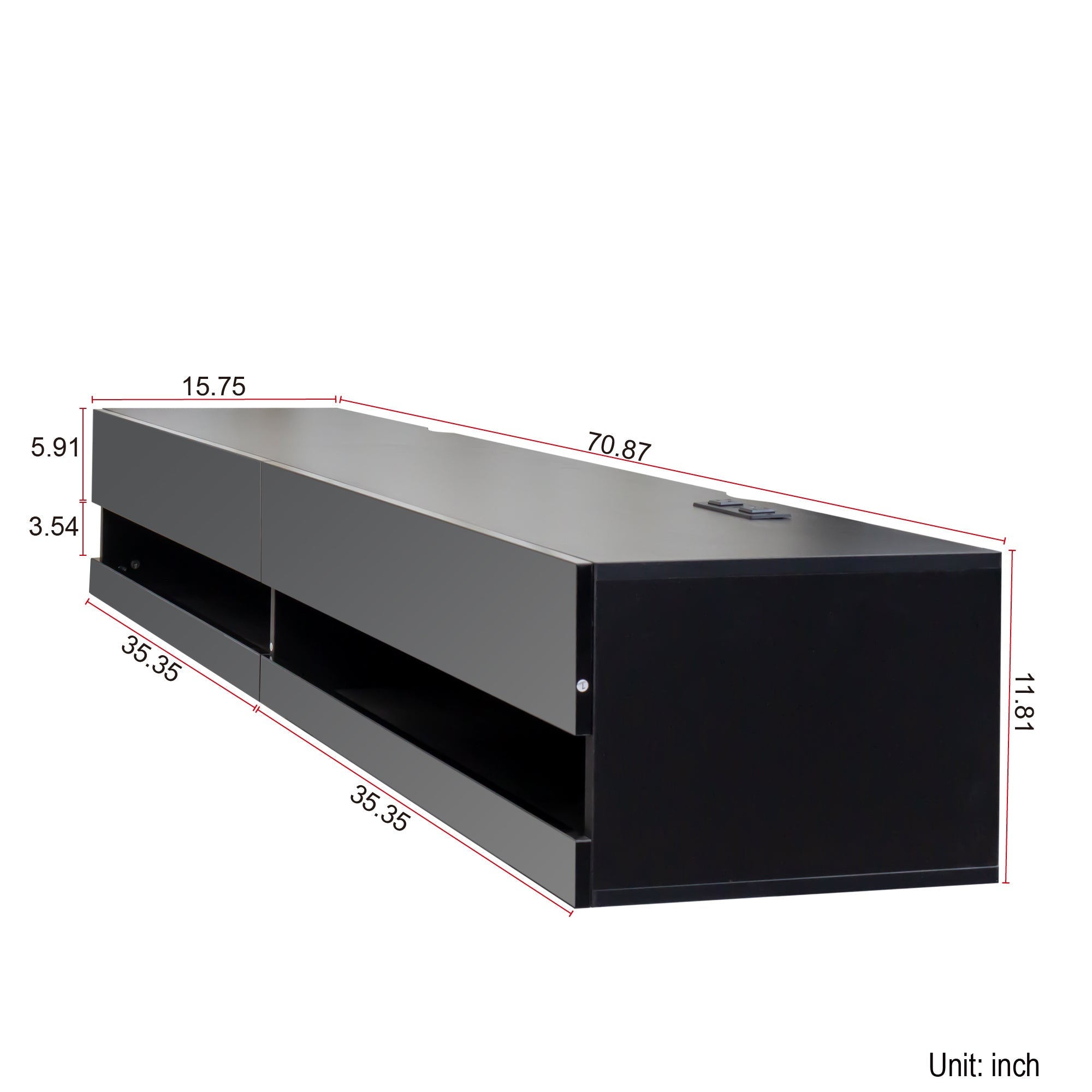 180 Wall Mounted Floating 80' TV Stand with 20 Color LEDs  and  Charging Station