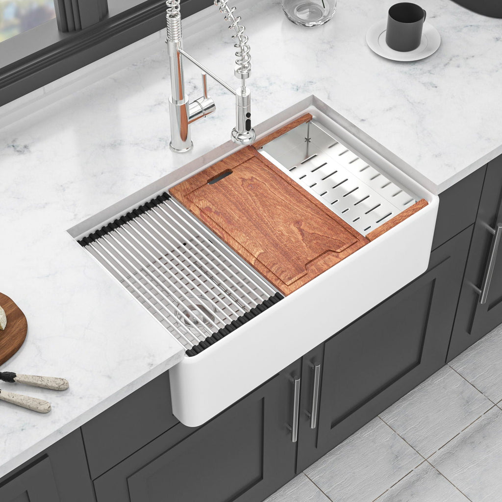 Double Bowl Sink Workstation 33" With Built In Work Surface And Accessories - White