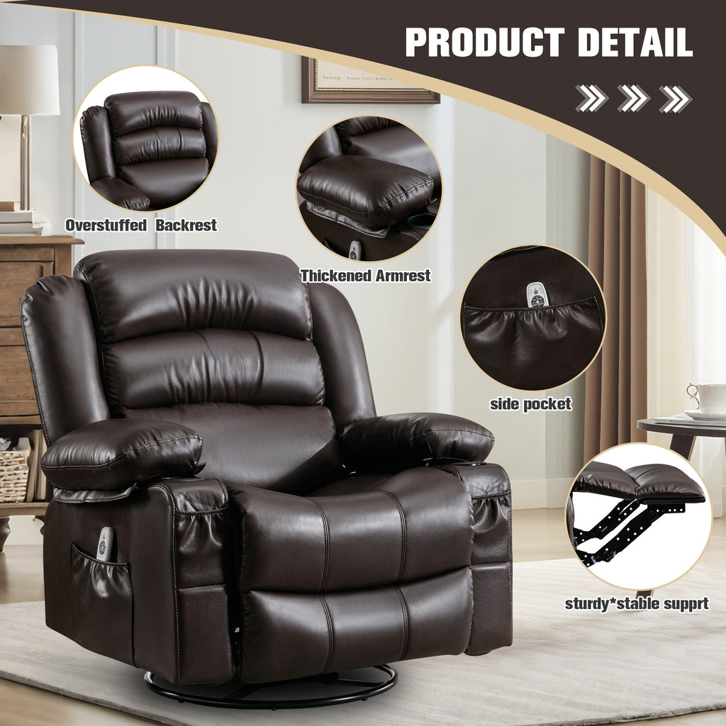 Massage Swivel Rocker Recliner Chair with Vibration Massage and Heat Ergonomic Lounge Chair for Living Room with Rocking Function and Side Pocket 2 Cup Holders USB Charge Port