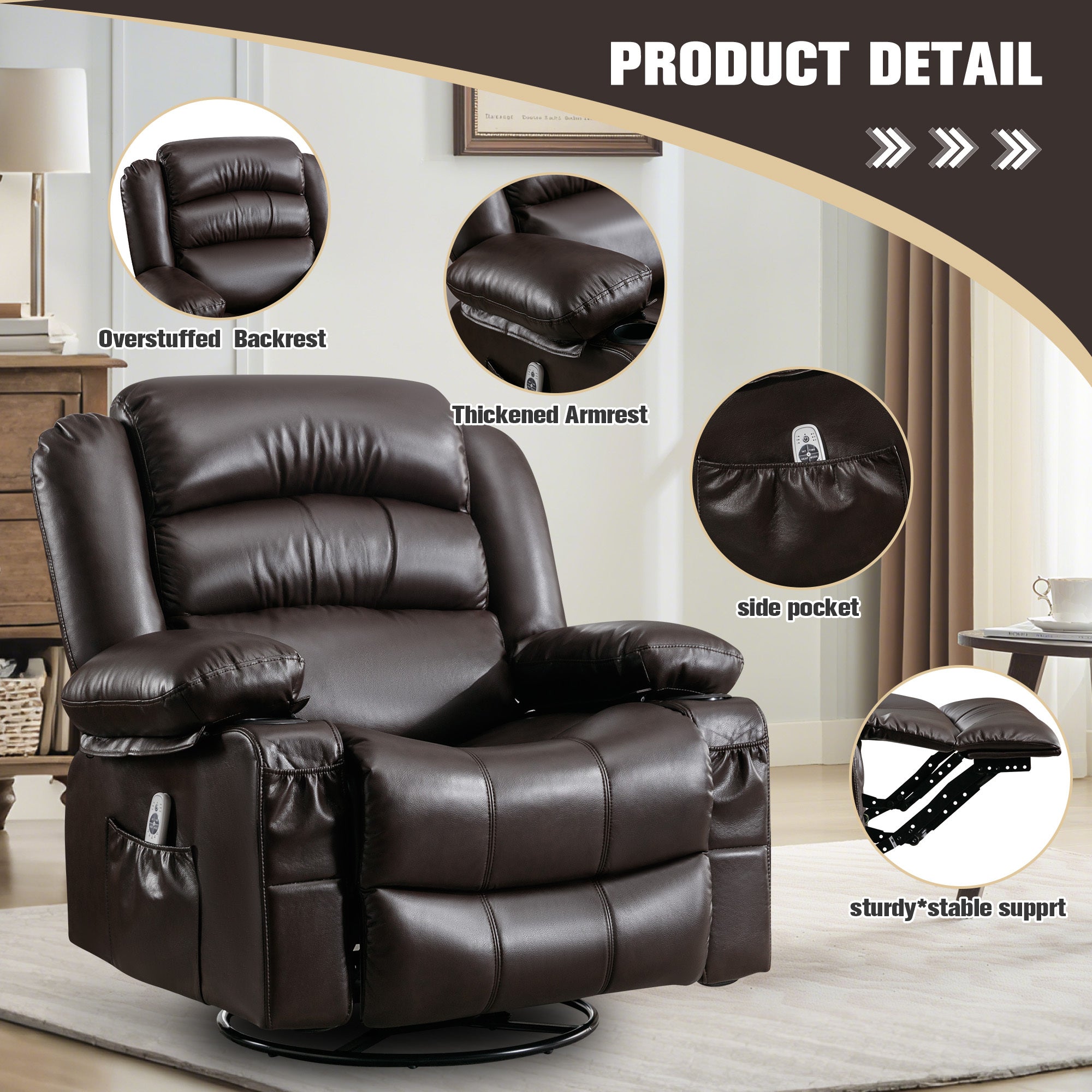Massage Swivel Rocker Recliner Chair with Vibration Massage and Heat Ergonomic Lounge Chair for Living Room with Rocking Function and Side Pocket 2 Cup Holders USB Charge Port