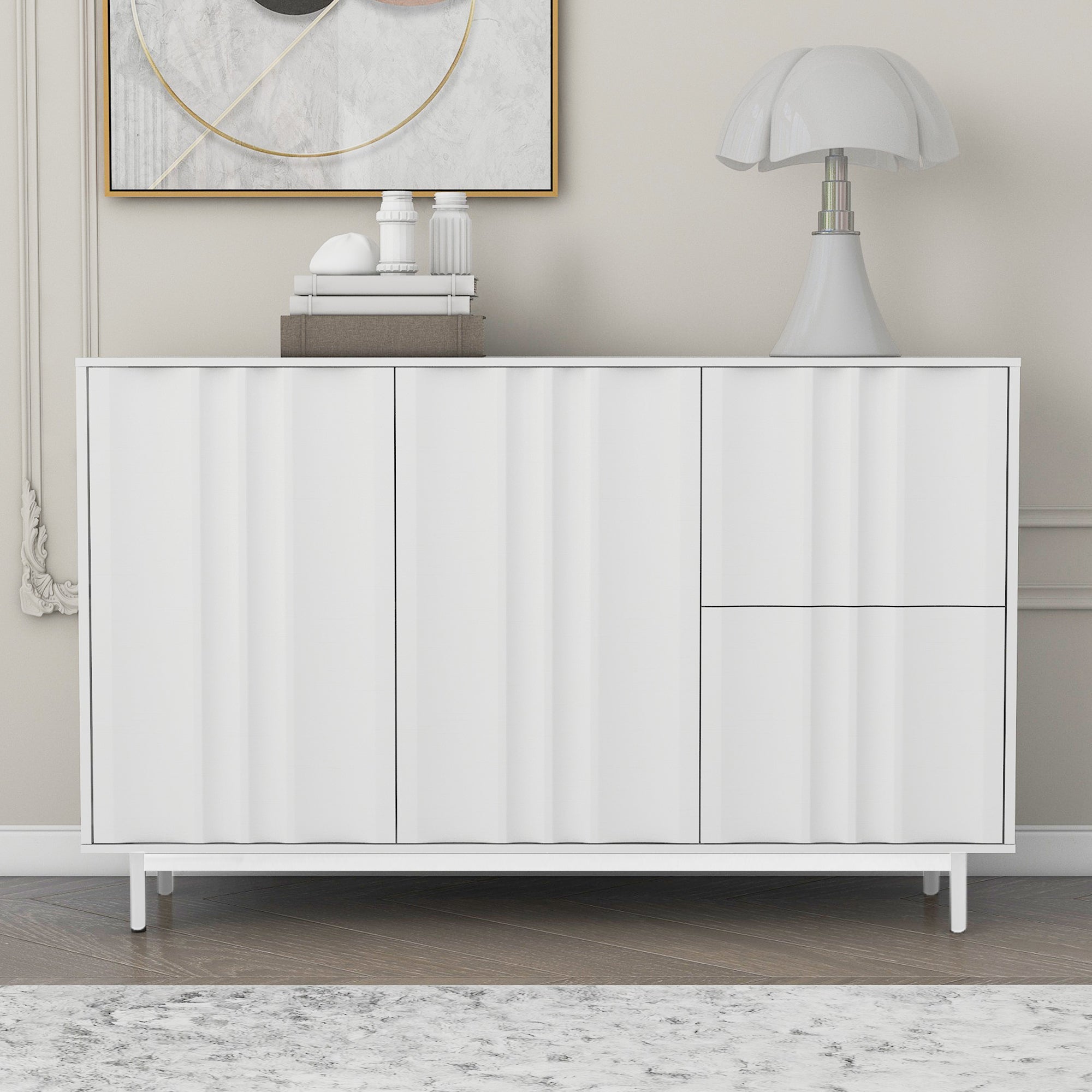 47.2' Buffet Sideboard Cabinet with 2 Doors And Drawers, Adjustable Shelf, Metal Legs Wave Pattern Kitchen Pantry Cabinets for Dining Room, Bedroom, Living Room