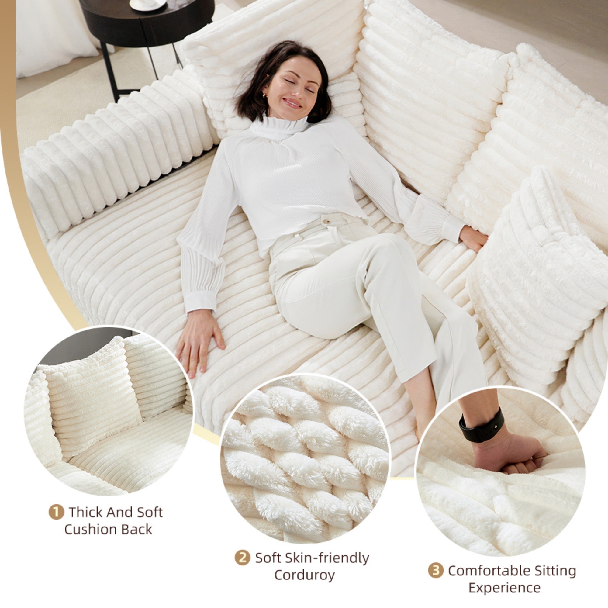 104.3' Plush Corduroy 4-Seat Sofa,Modern Comfy Upholstered Sofa Cloud Couch,Deep Seat Couches with Soft Pillows,Convertible Deep Seat Sofa Lounge Chair for Living Room Bedroom,Apartment,Office