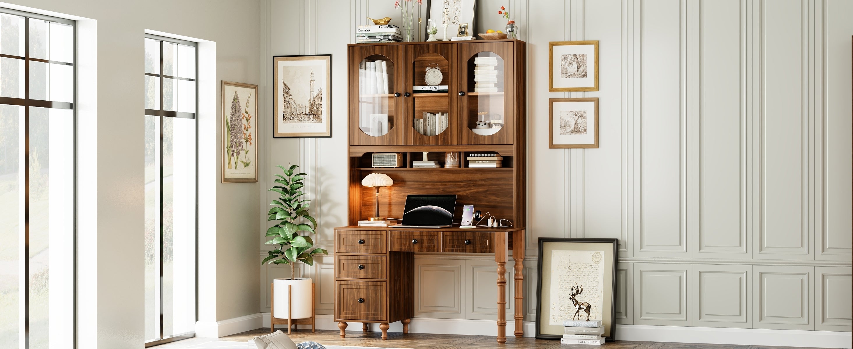 47'' Retro Desk with Charging Ports and Hutch Cabinet, Office Desk with 5 Storage Drawers and Transparent Glass-Door Bookshelf, Executive Computer Desk for Home Office, Bedroom, Walnut