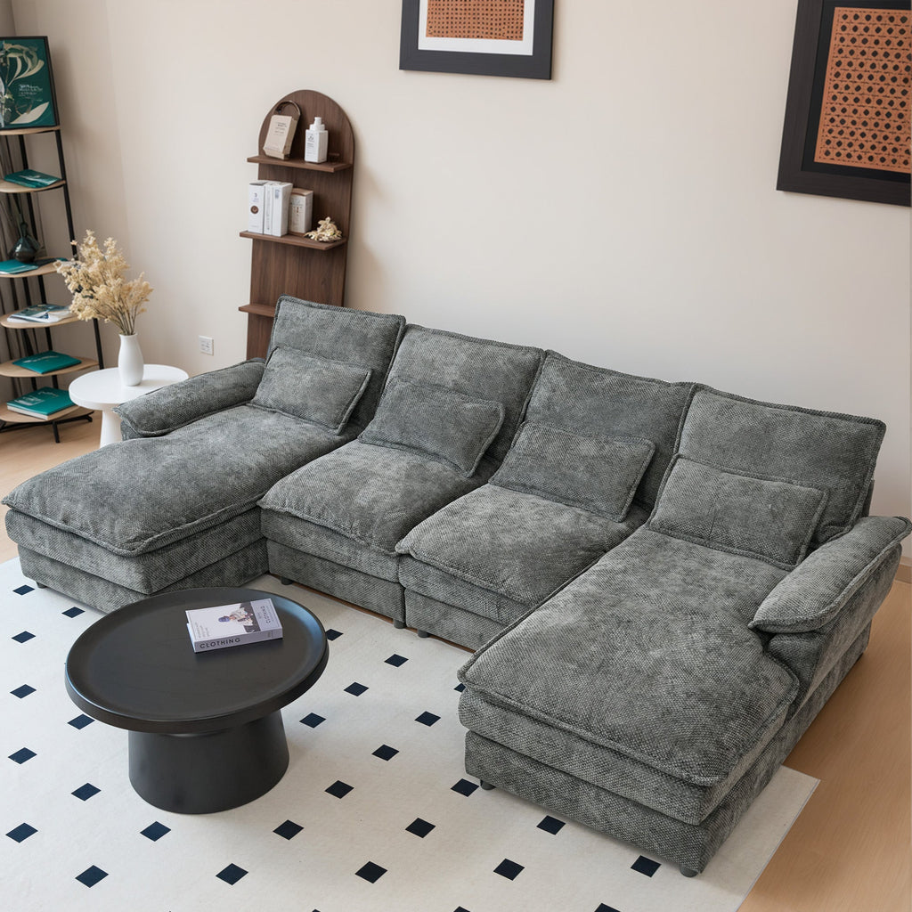 110' Modular Sectional Sofa Cloud Couch with Double Chaise Lounge , U Shaped Chenille Upholstered Leisure Sofa&Couches with Memory Foam and Waist Pillows for Living Room Office,Grey.